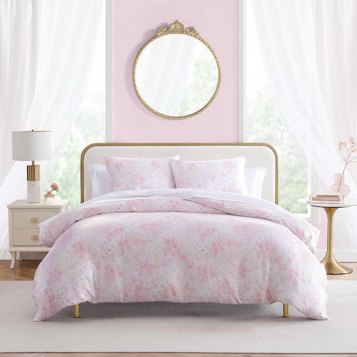 Pink Butterfly Garden Satin Duvet Cover Set with Shams