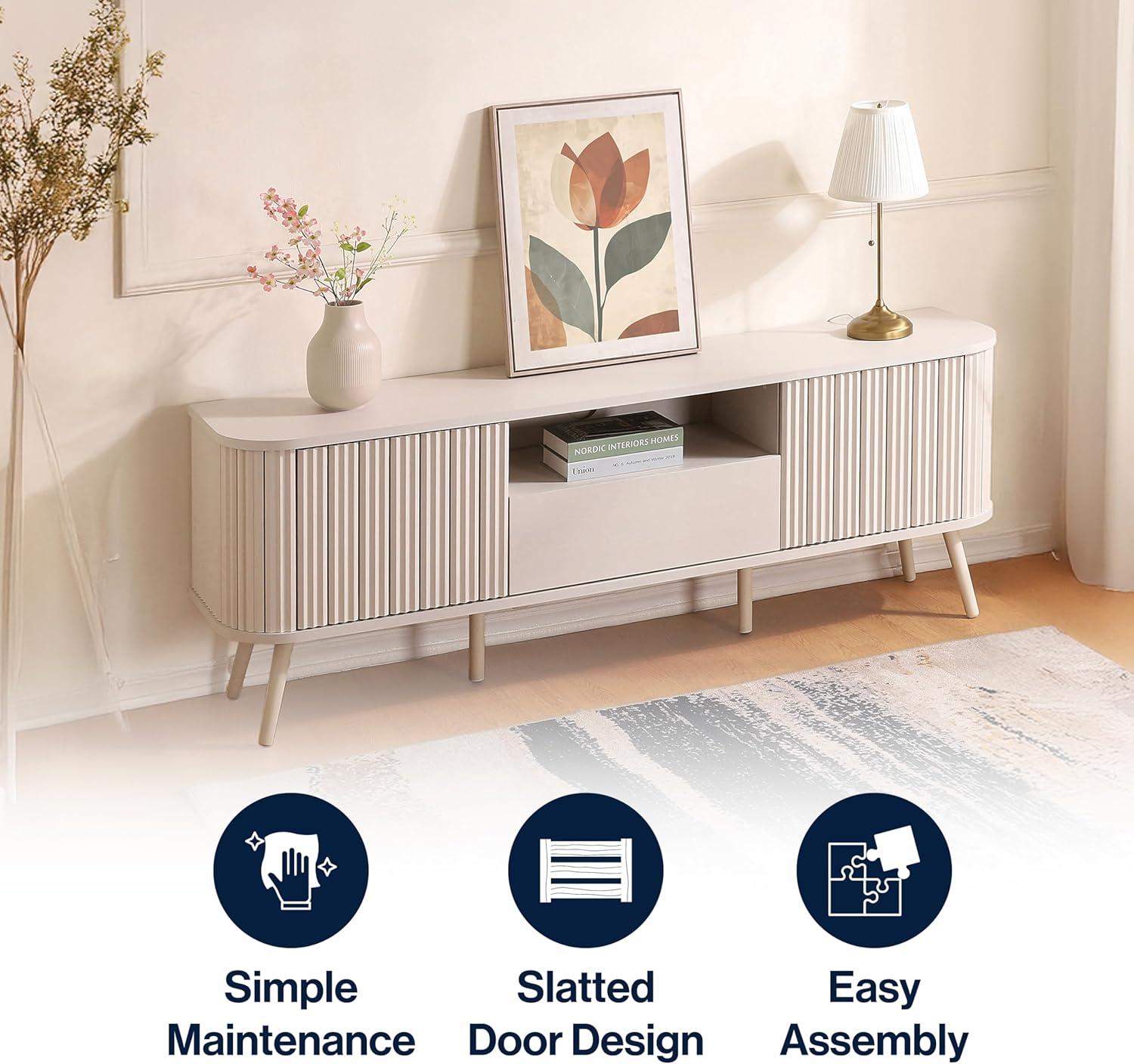 JONATHAN Y Damien 70 in. Farmhouse Curved TV Stand with Drawer and Storage Doors Fits TVs up to 75 in. with Cable Management, Off-White