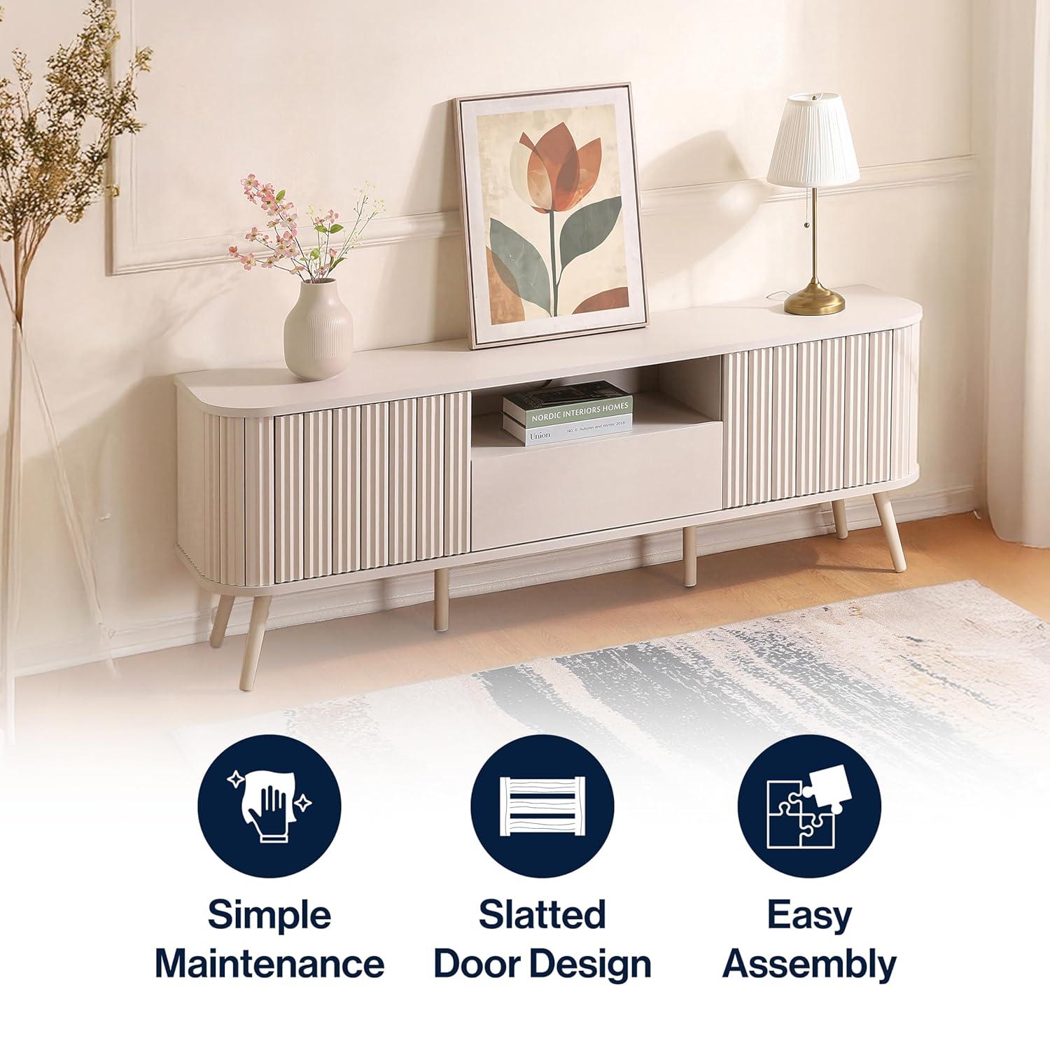 JONATHAN Y Damien 70 in. Farmhouse Curved TV Stand with Drawer and Storage Doors Fits TVs up to 75 in. with Cable Management, Off-White