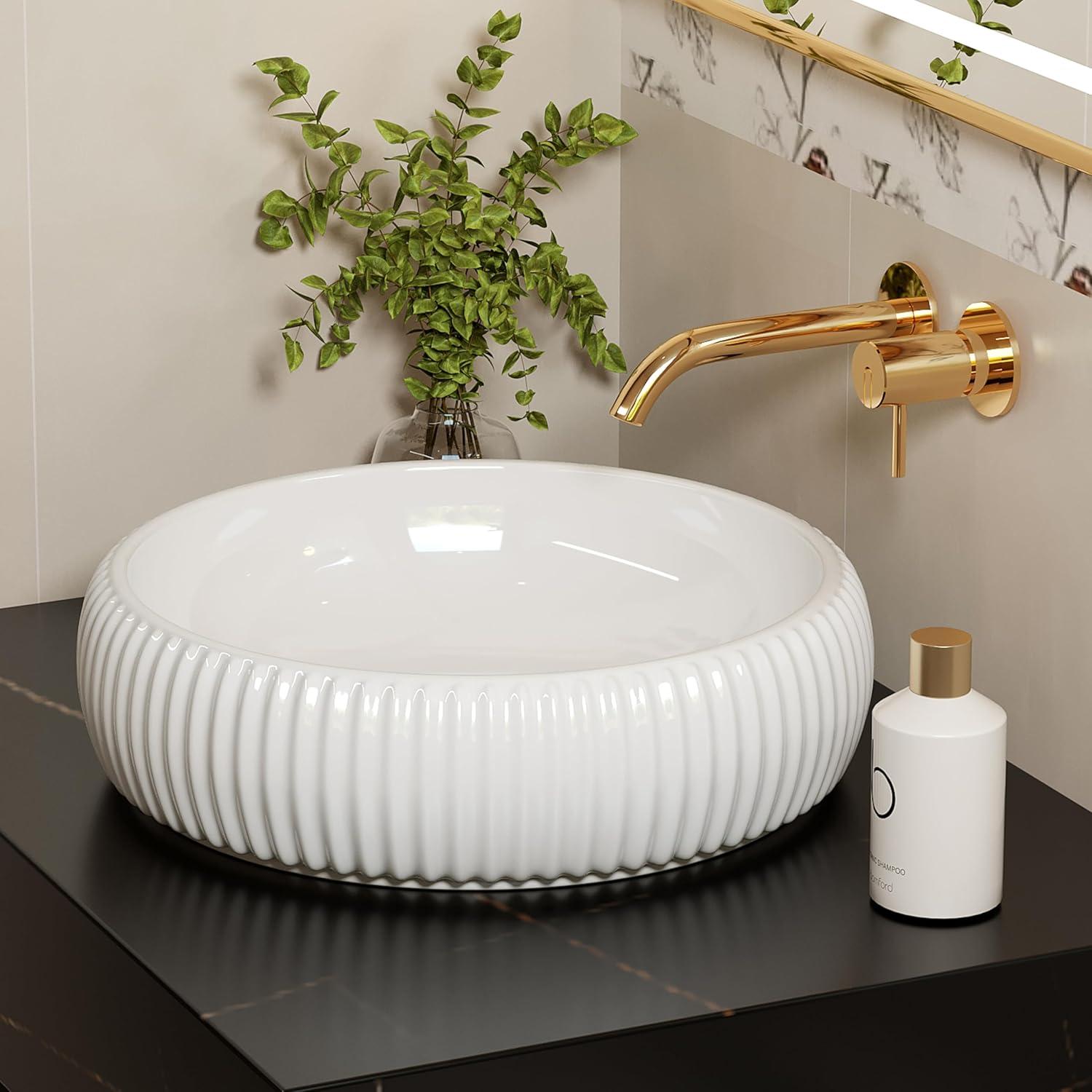 Glossy White Round Ceramic Above-Counter Vessel Sink