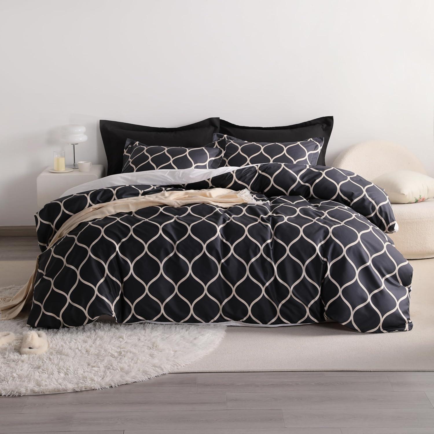 Ntbay 2-Pieces Microfiber Ultra Soft Curve Print Duvet Cover Set with Zipper Closure and Corner Ties, Black and Off White, Twin