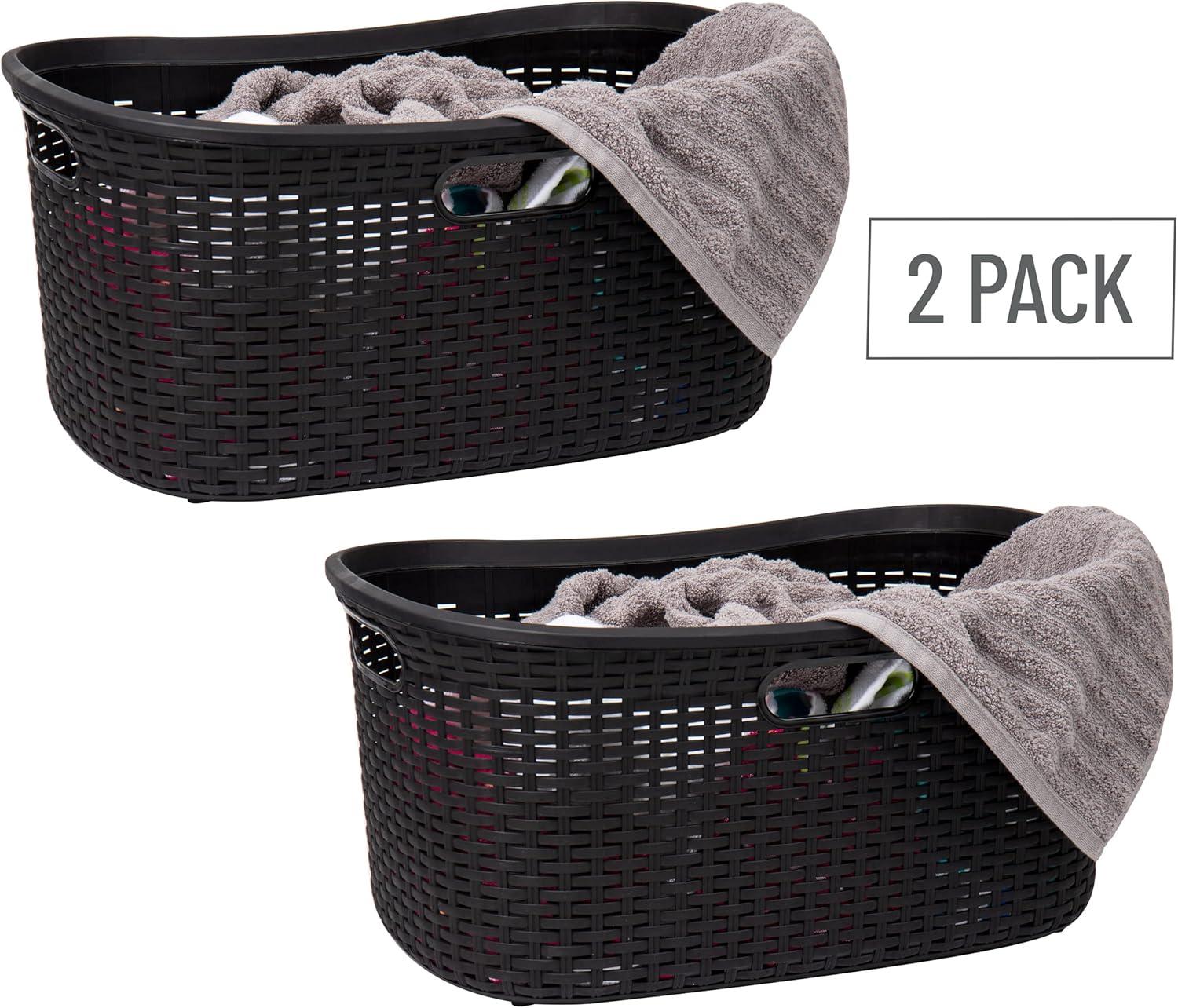 Mind Reader 40L Laundry Basket, Clothes Hamper, Lid, Wicker Design, Plastic, Set of 2, Black