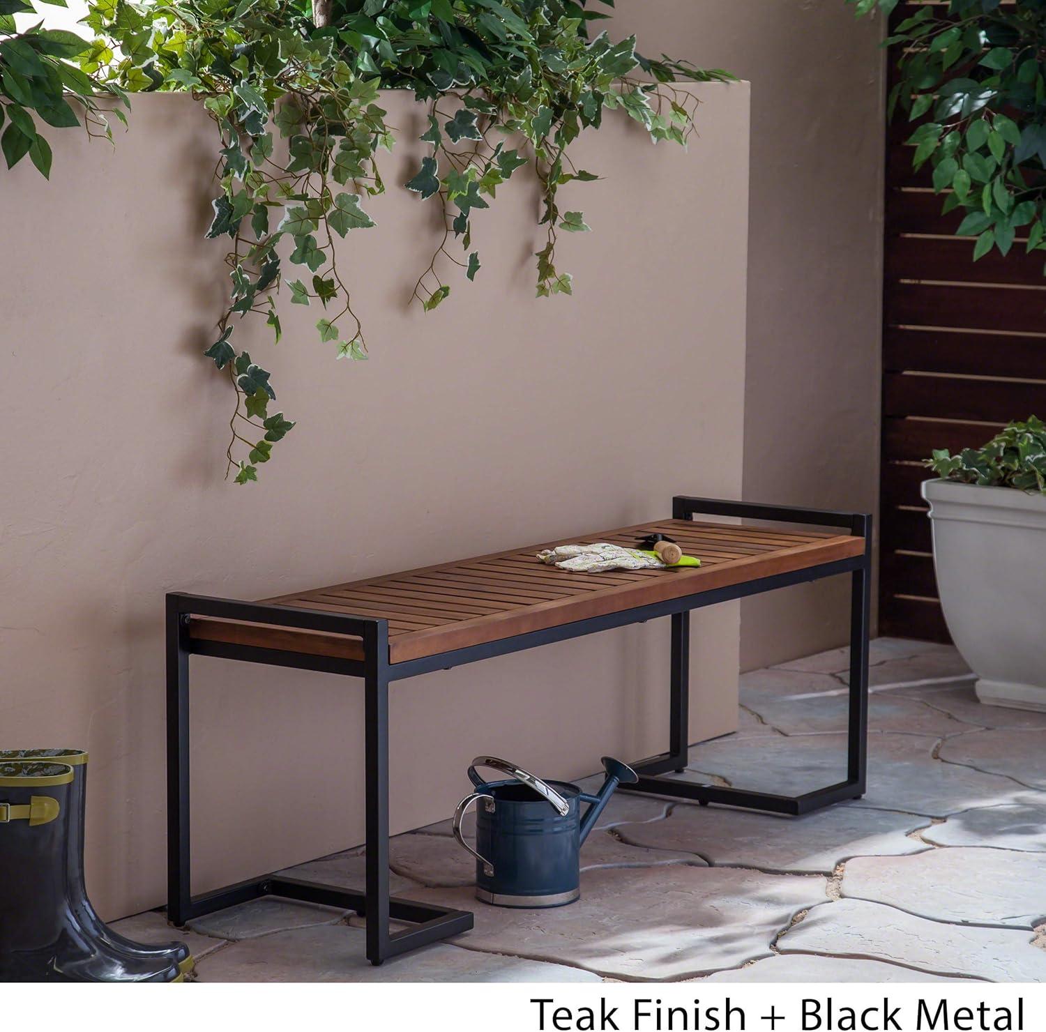 GDF Studio Noel Outdoor Industrial Acacia Wood and Iron Bench, Teak