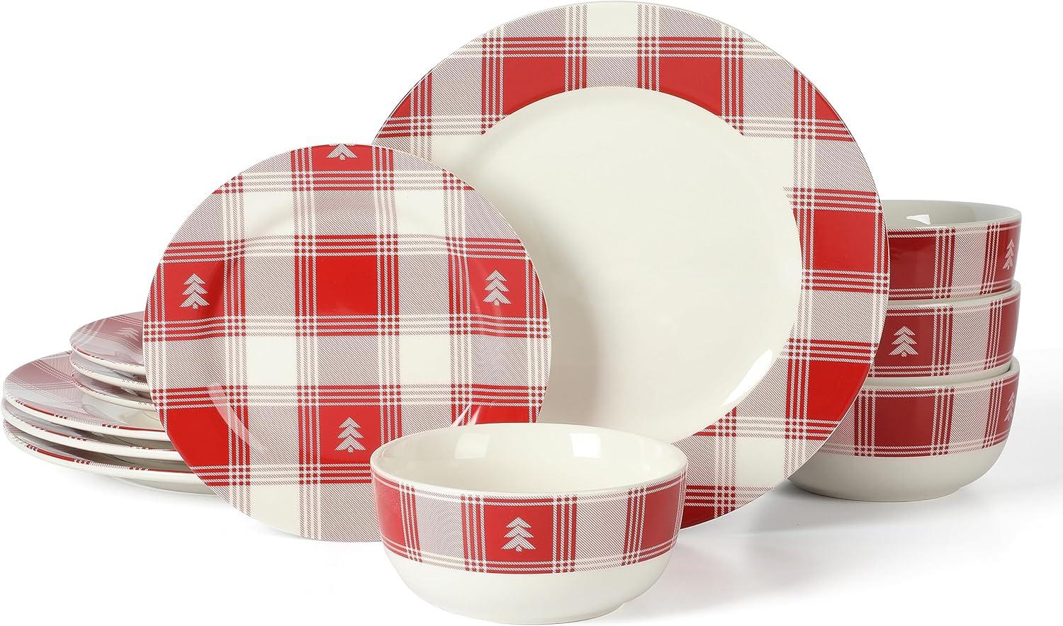 Martha Stewart Plaid 12-Piece Decorated Red and White Stoneware Dinnerware Set