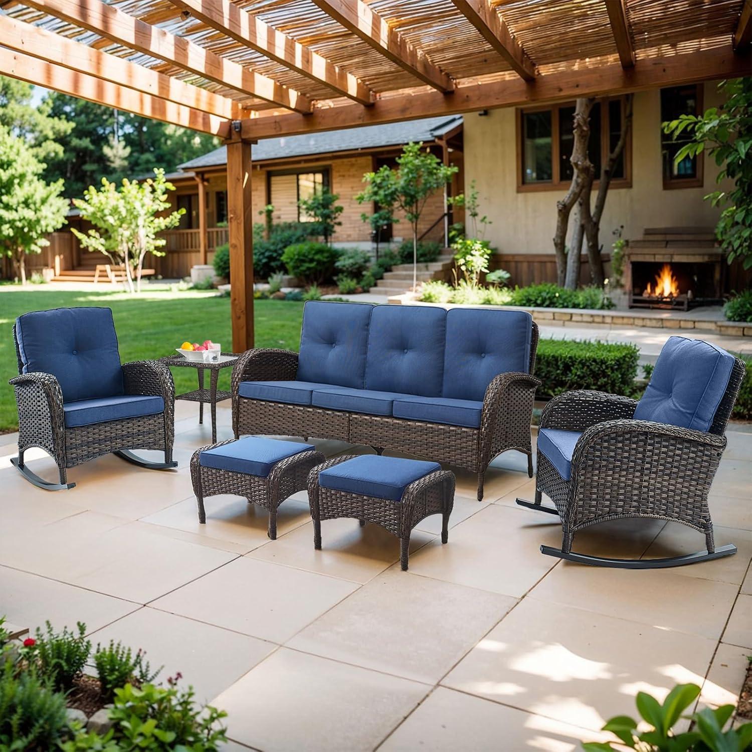 Flat Armrest Series Brown Wicker Outdoor Patio Ottoman with CushionGuard Blue Cushions (2-Pack)