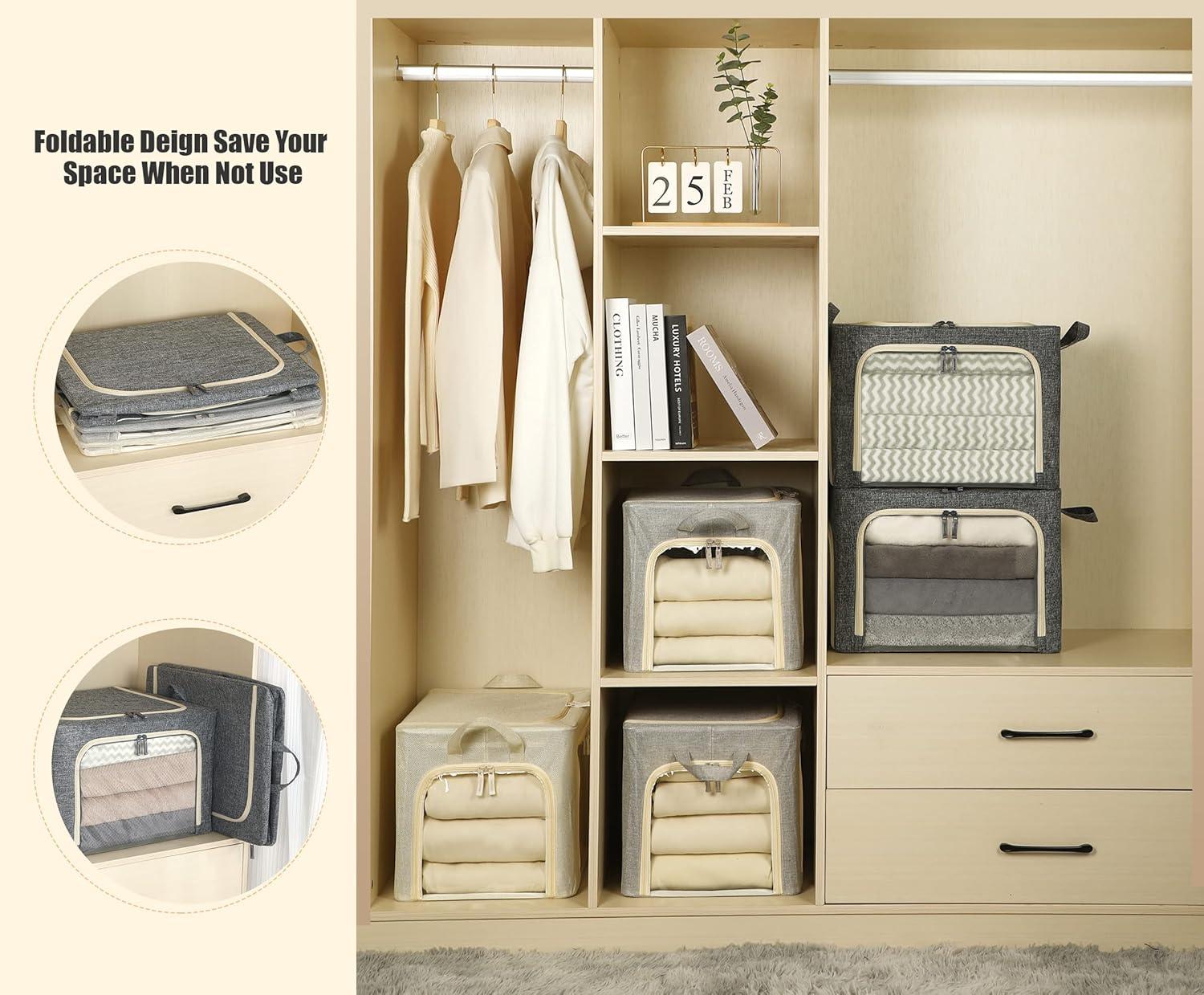 3 Openings Clothes Storage Bins With Metal Frame, Foldable Storage Bin For Clothes, Clothing Storage Bins With Lid, Linen Storage Box With Clear Window& Zippers& Durable Handles.(3 Pcs,Light Grey,40L)