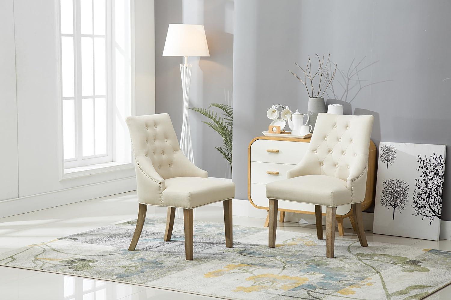 Tan Button Tufted Solid Wood Wingback Hostess Chairs with Nail Heads Set of 2