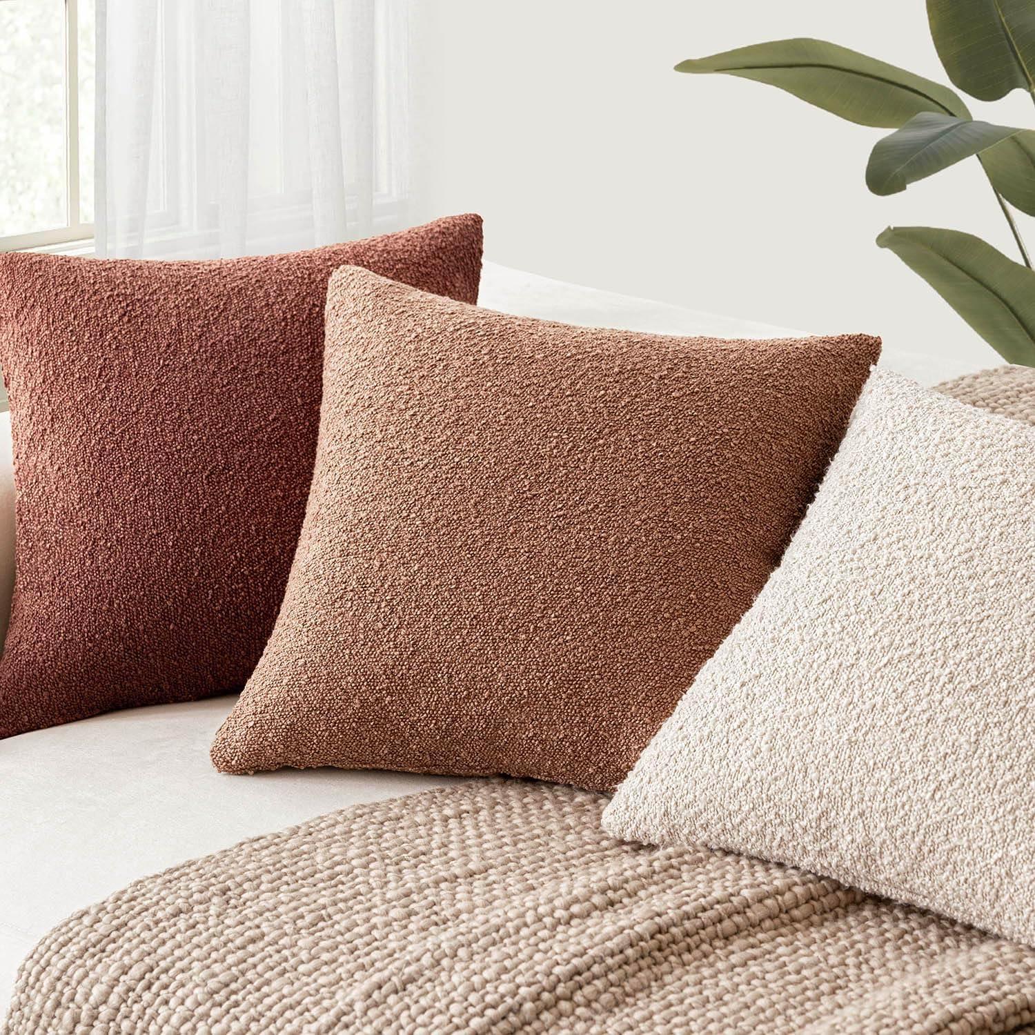 Boucle Decorative Throw Pillow Covers for Couch Set of 2, 18x18 inches, Beige