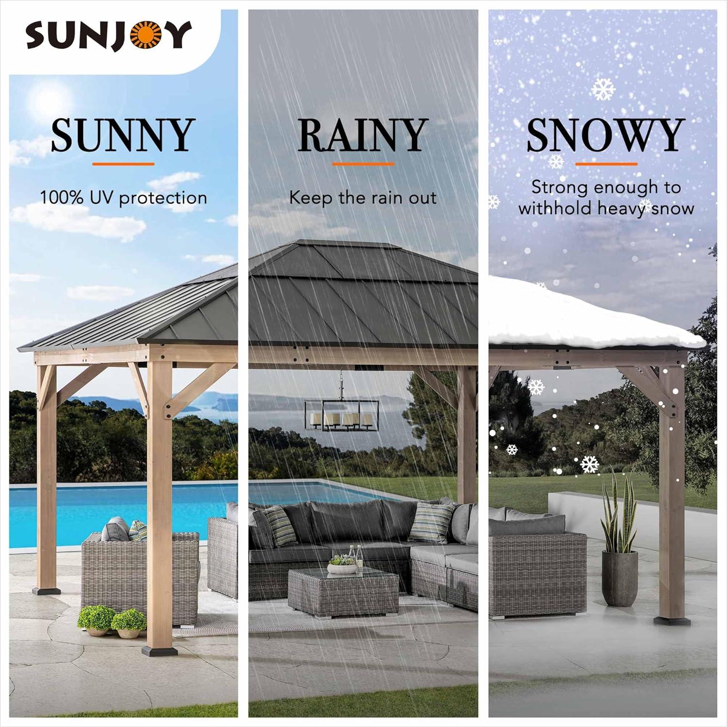 SUNJOY Hardtop Gazebo 13 x 15 ft. Standard Cedar Framed Wood Gazebo, Outdoor Patio Gazebo with Dark Brown Steel and Polycarbonate Hip Roof and Ceiling Hook, Dark Brown Roof + Dark Wood Frame