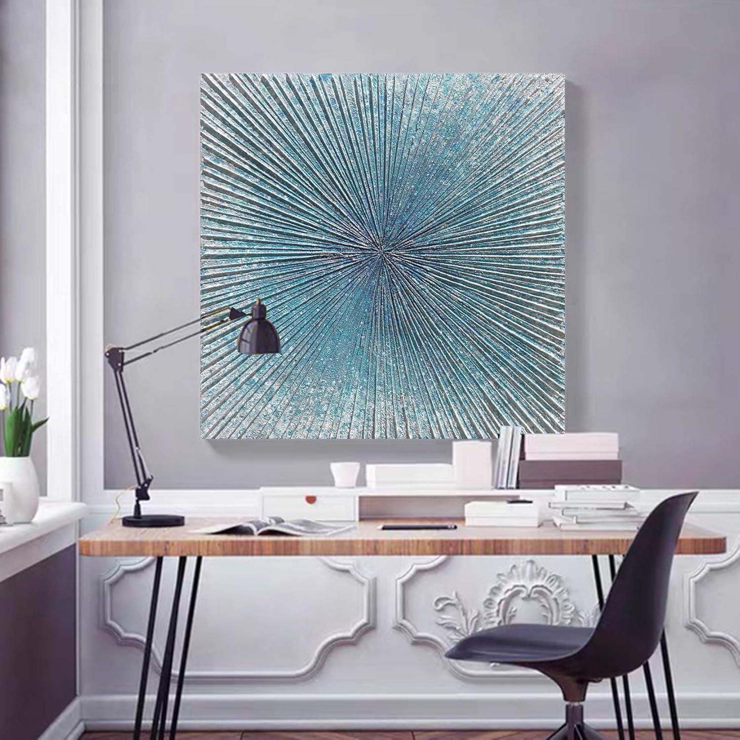 Arts Contemporary Abstract Living Room Wall Art Hand Painted Modern Teal Color Canvas Painting Pictures for Bedroom Bathroom Decor