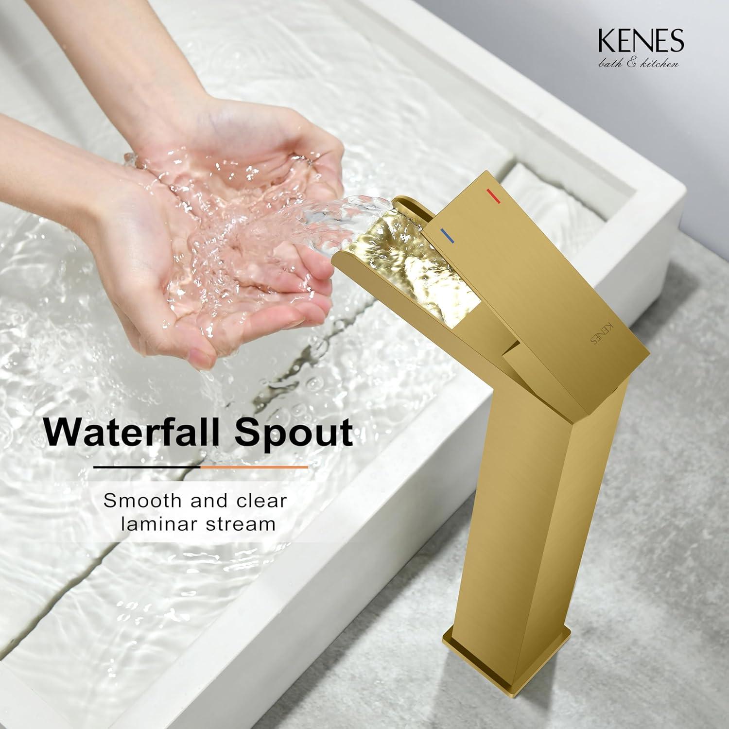 Brushed Gold Tall Stainless Steel Waterfall Bathroom Faucet