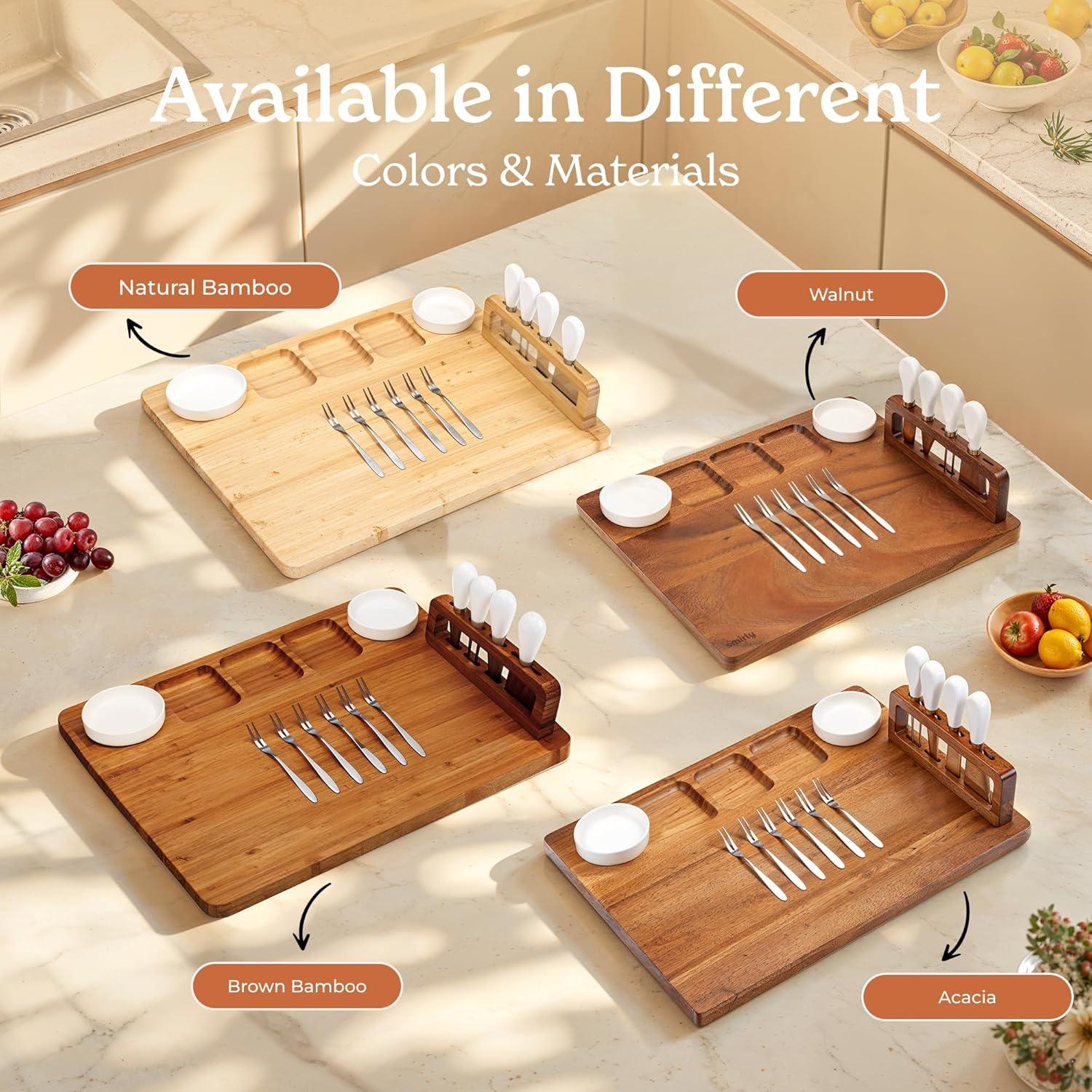SMIRLY Charcuterie Board Set Large Bamboo Cheese Board with Fruit Tray & 2 Ceramic Bowls