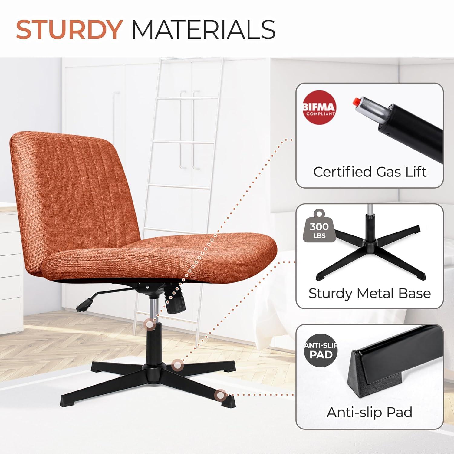 Orange Factory Brown Office Chair, Armless Criss Cross Legged Chair No Wheels, Comfy Home Office Desk Chairs, Adjustable Swivel Padded Fabric Vanity Task Computer Chair