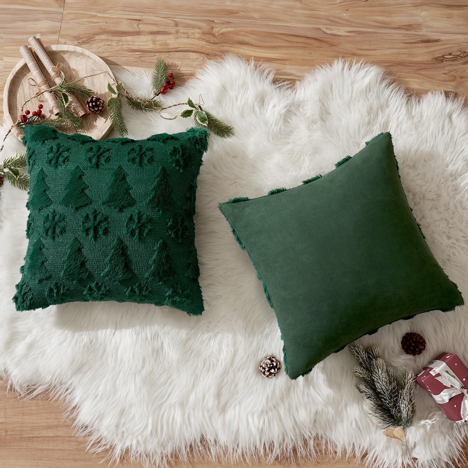 Dark Green Polyester Euro Christmas Tree Pillow Covers, 18x18 Inch, Set of 2