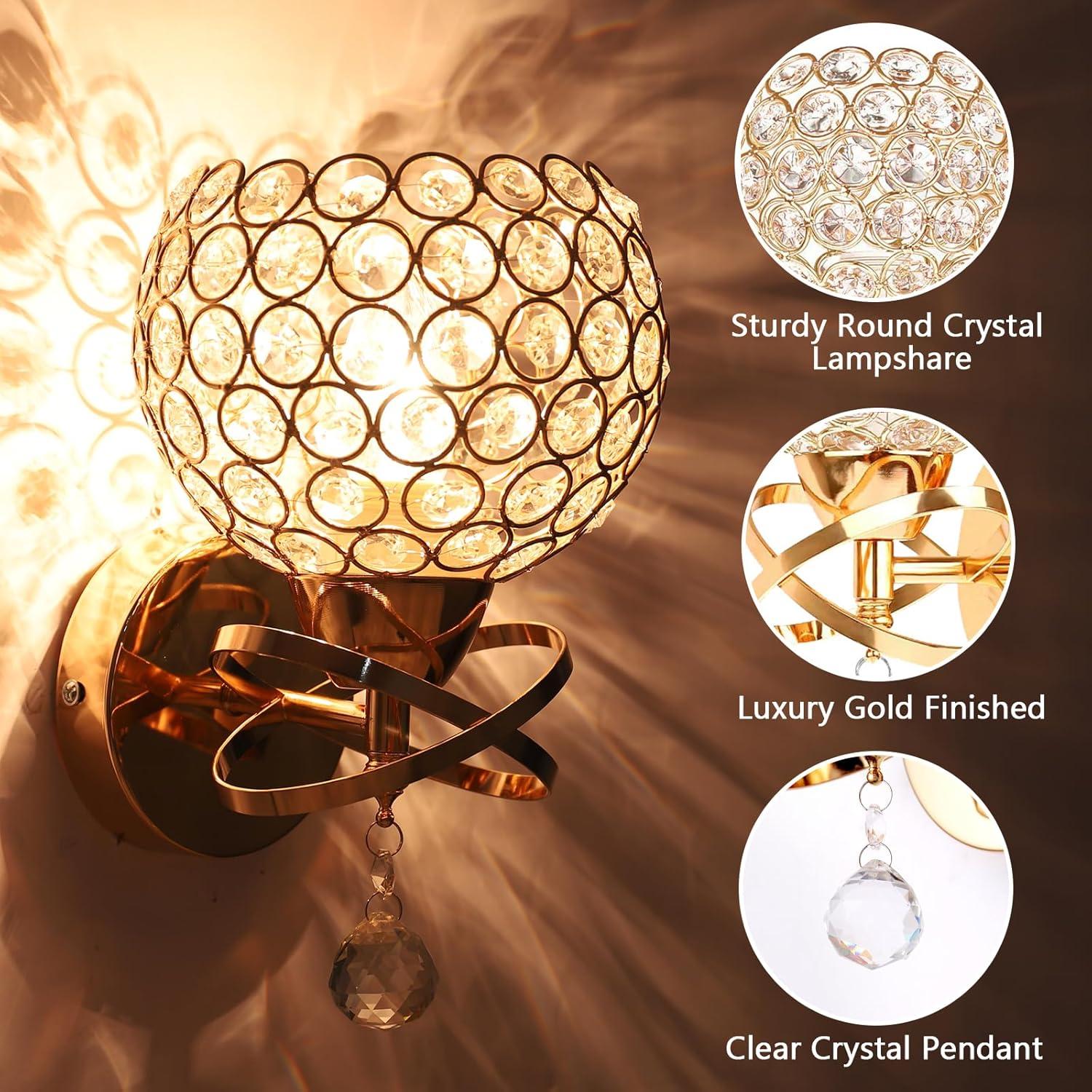 Gold Wall Sconces Set of Two, Modern Crystal Wall Light with E26 Socket Hardwired Sconces Wall Lighting Bedside Wall Lamp Crystal Decor Wall Mount Light Fixture for Living room, Bedroom, Hallway