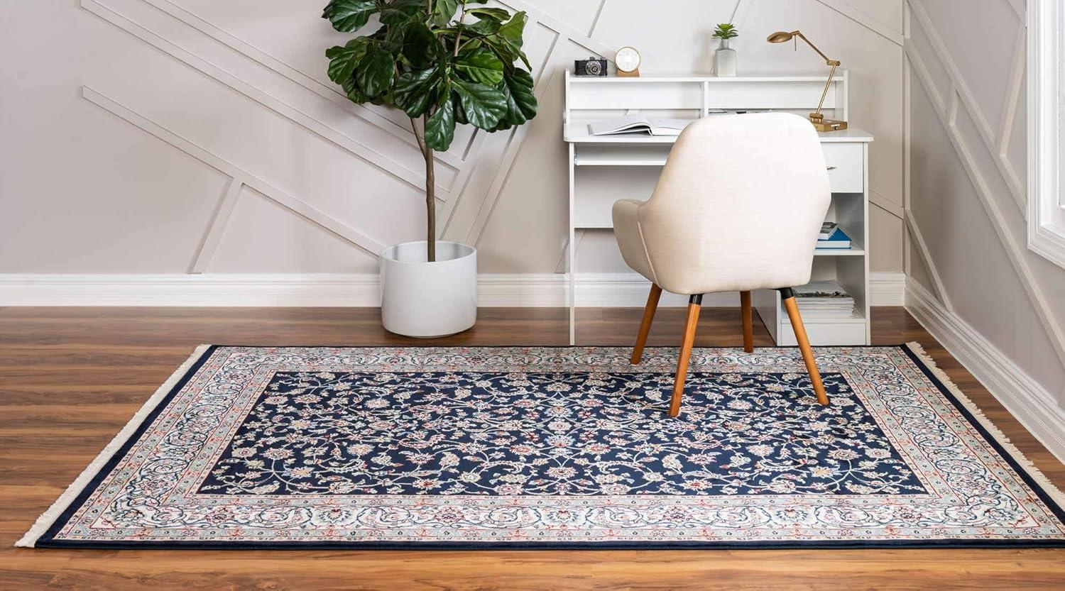 Navy Blue and Beige Floral Synthetic 8x10 Area Rug