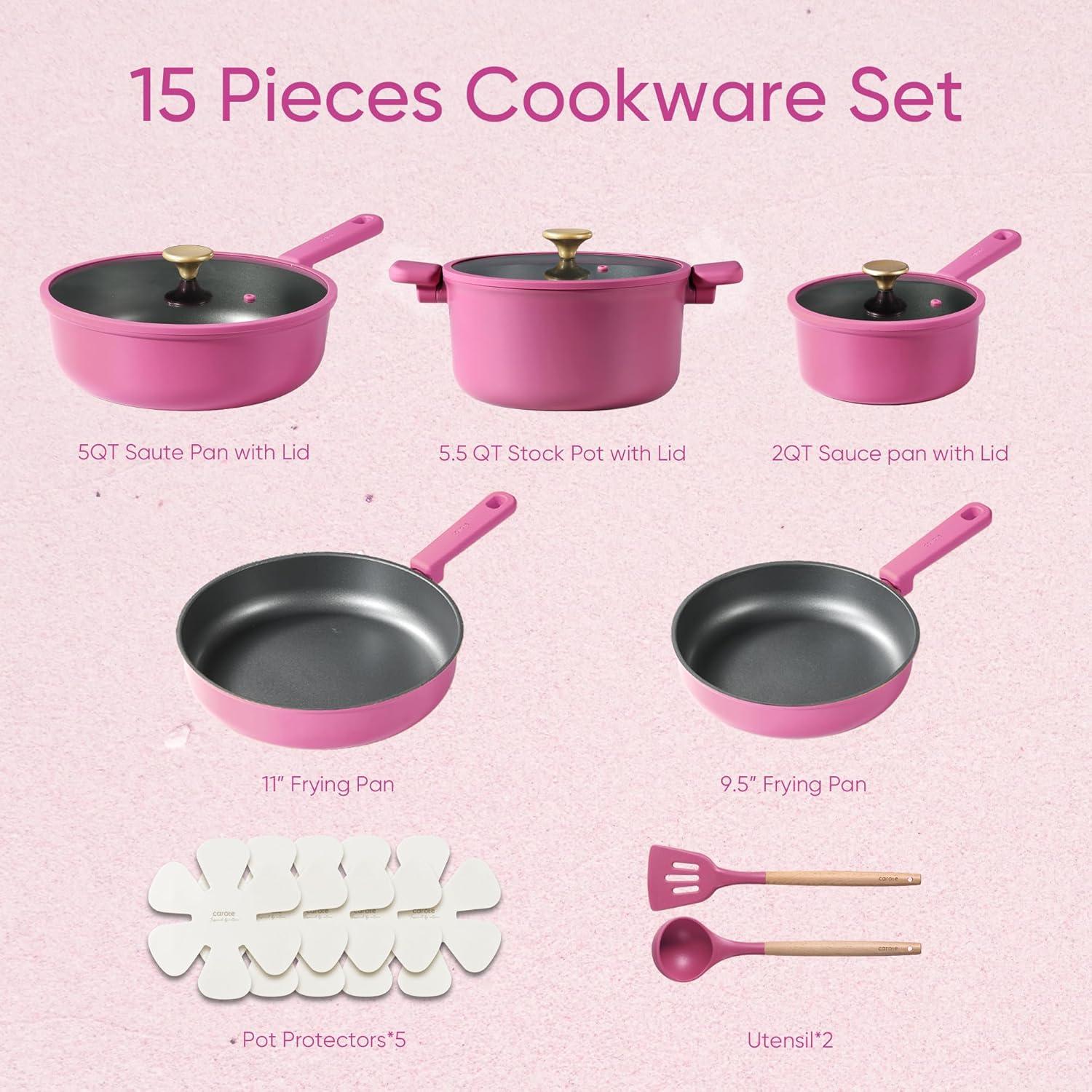 CAROTE 16pcs Nonstick Cookware set, Pots and Pans, Premium Induction Cookware, Durable & Easy to Clean, Large Frying Pan, Rose Pink
