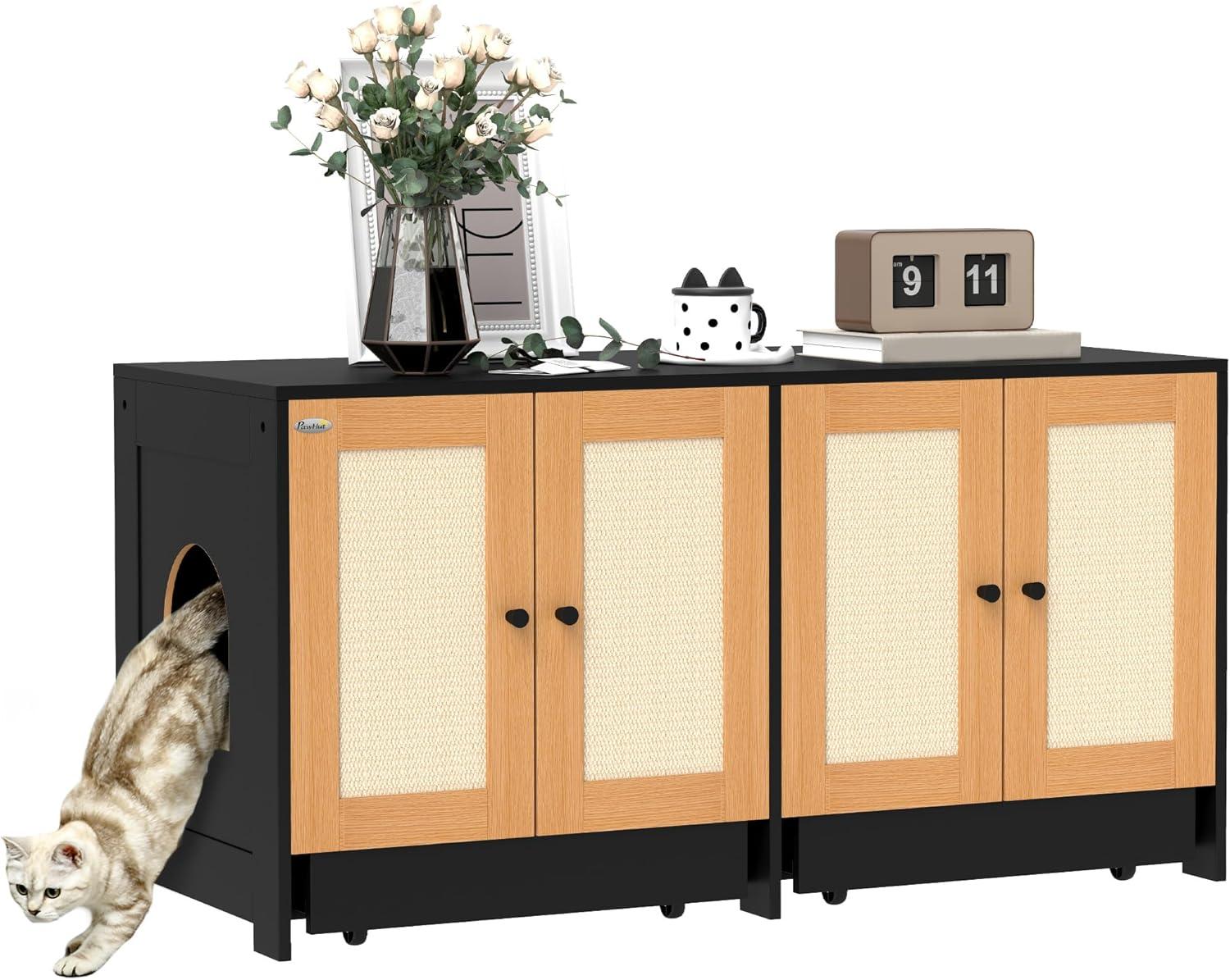 PawHut Cat Litter Box Enclosure, Hidden Litter Box Furniture for 2 Cats with 2 Cabinets, Scratching Mats & Trays, Black