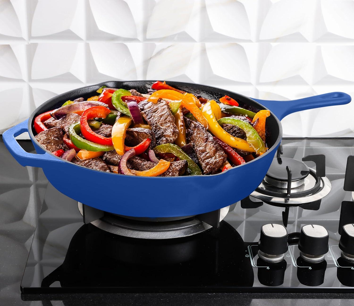 Utopia Kitchen Saute Frying Pan 12 Inch, Cast Iron Chefs Pan, Pre Seasoned Cast iron Skillet With Lid, Safe Grill Cookware for Indoor & Outdoor Use, Blue