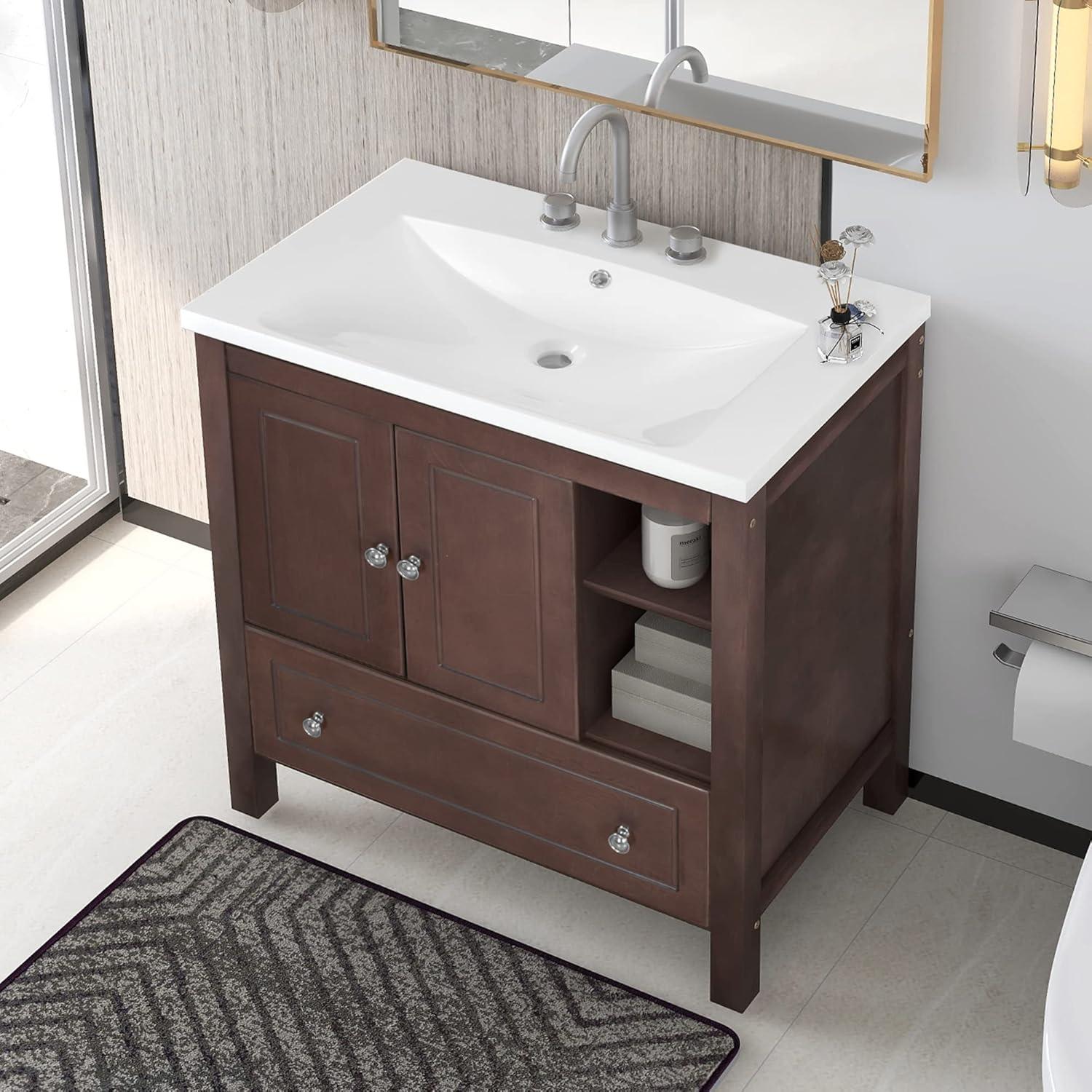 30" Brown Solid Wood Bathroom Vanity with Ceramic Sink