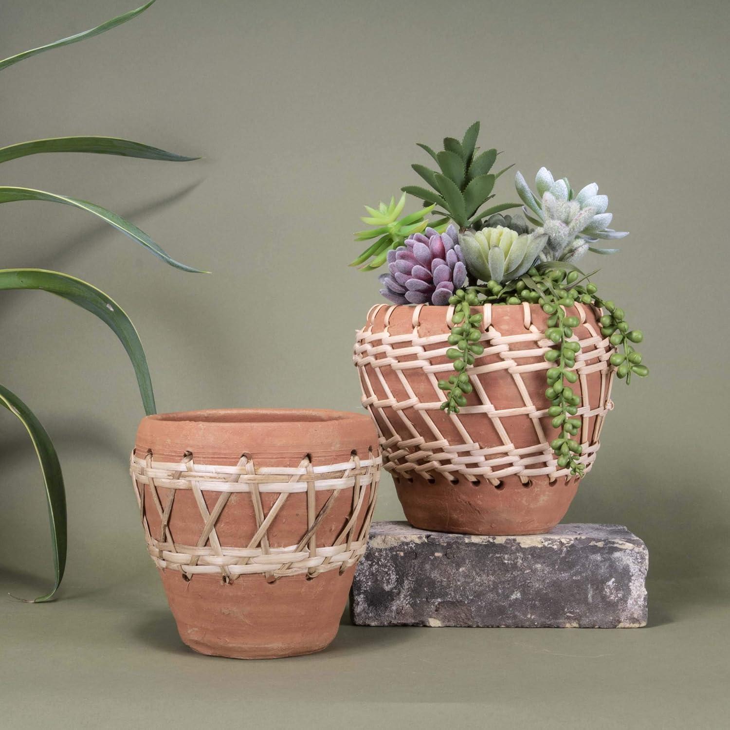 Natural Terracotta and Woven Rattan Planter - Foreside Home & Garden