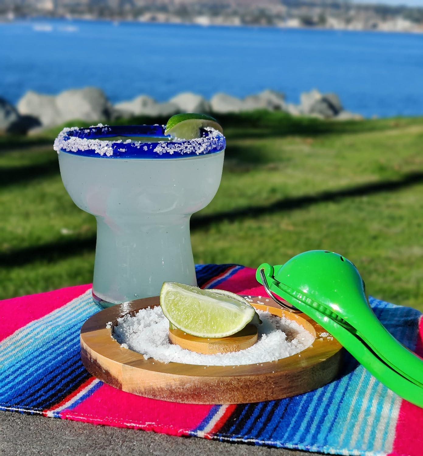 Longshore Tides Mexican Hand Blown Glass - Hand Blown Stemless Blue Rim Margarita Glasses (14oz) (Set of 4)