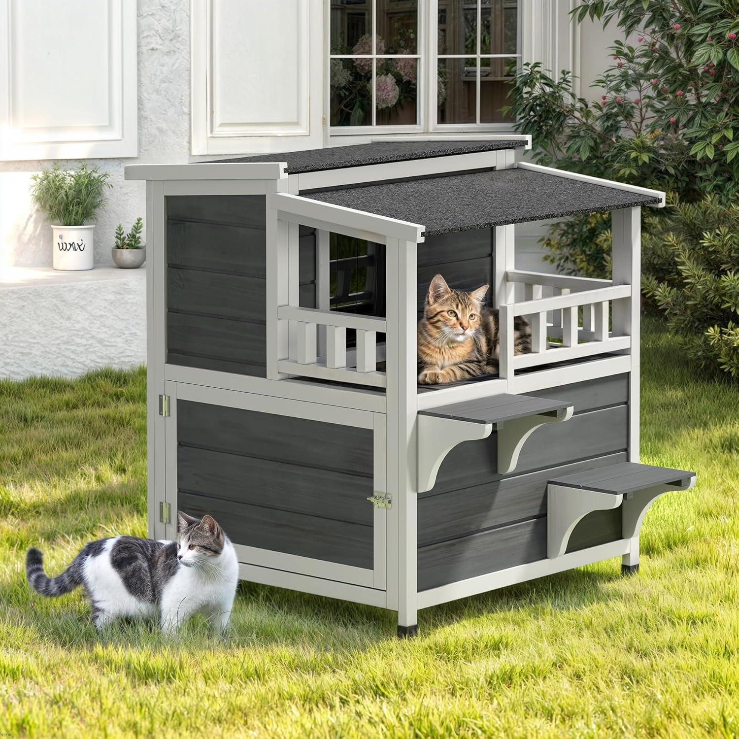 Archie & Oscar™ Outdoor Cat House 2-story Wooden Feral Cat Shelter with Balcony & Roof