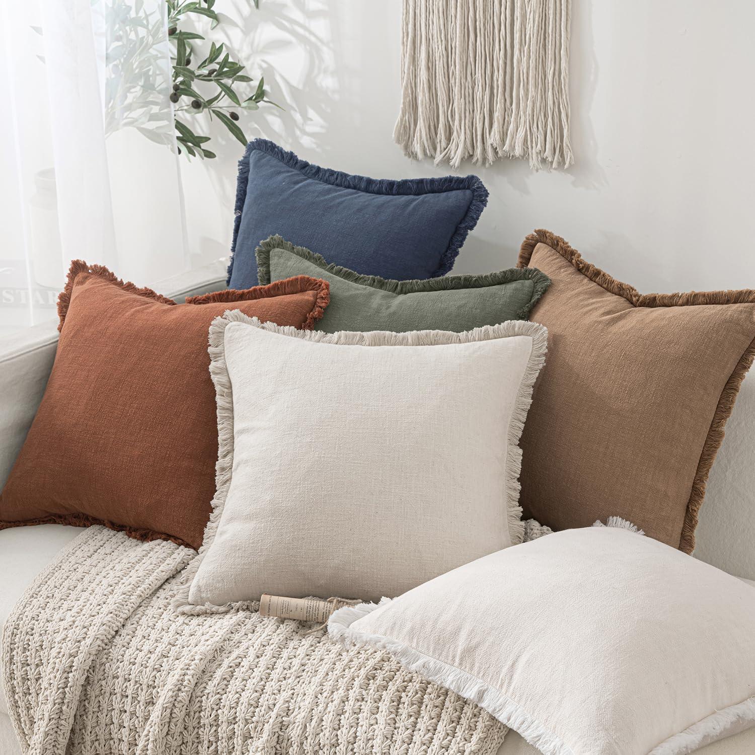 MIULEE Throw Pillow Covers Boho Farmhouse 18x18 Set of 2 Decorative Beige Couch with Fringe Chic Cotton Pillowcases Home Decor Accents for Cushion Soft Bed Living Room