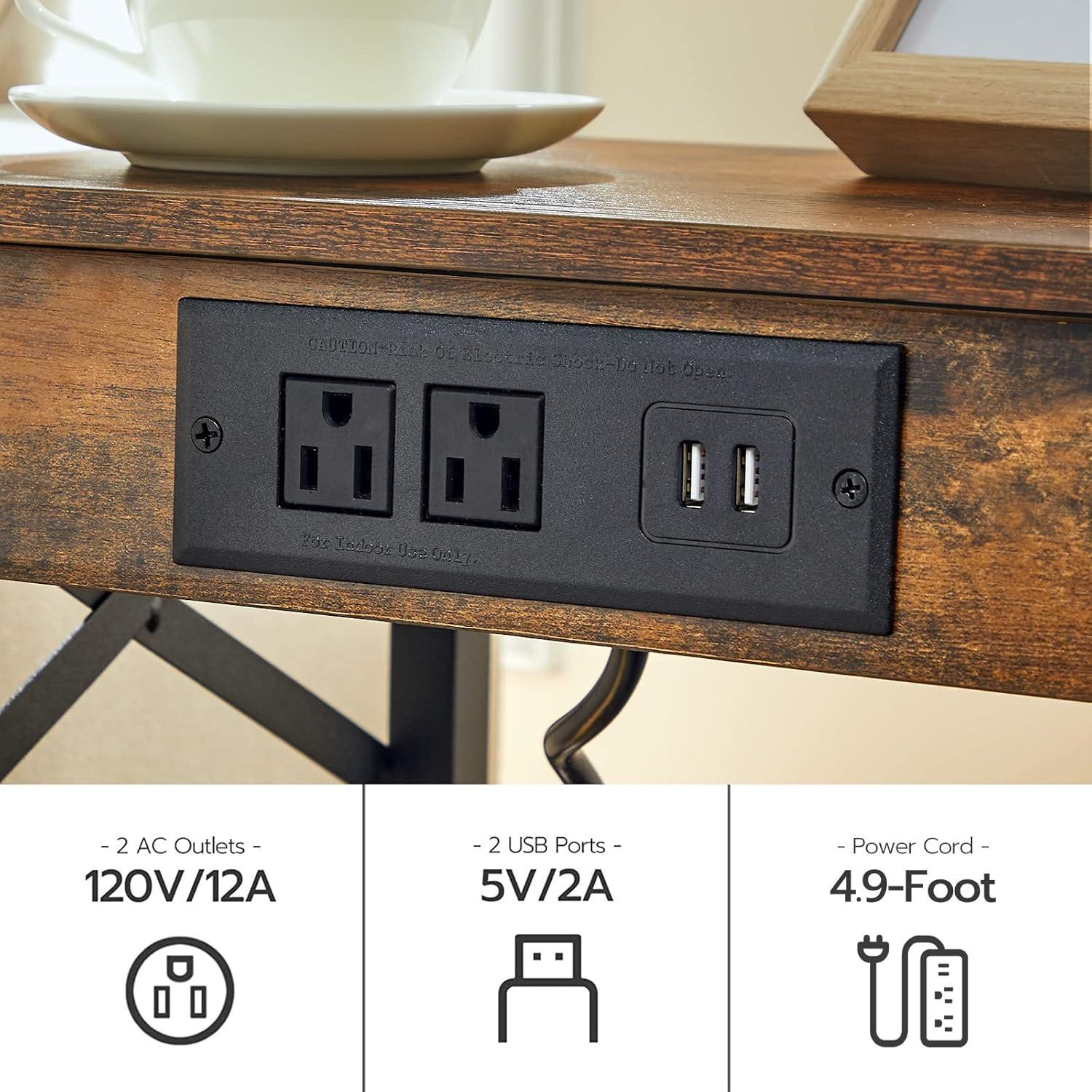 HOOBRO End Table with Charging Station, Narrow Side Table with 2 Drawer & USB Ports & Power Outlets, Nightstand for Small Spaces, for Living Room, Bedroom, Rustic Brown and Black BF541BZ01