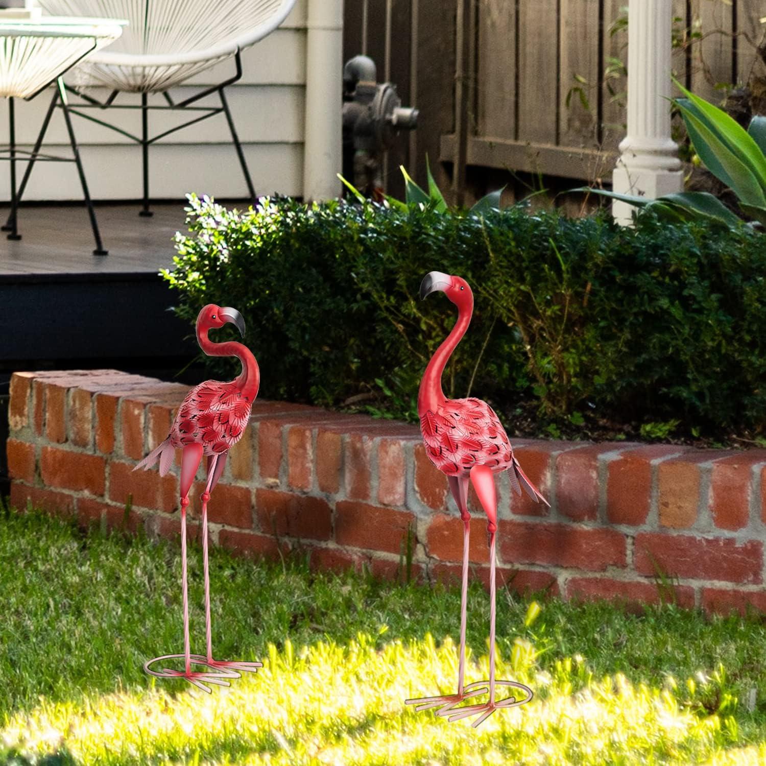 Red Metal Flamingo Garden Sculptures, Set of 2