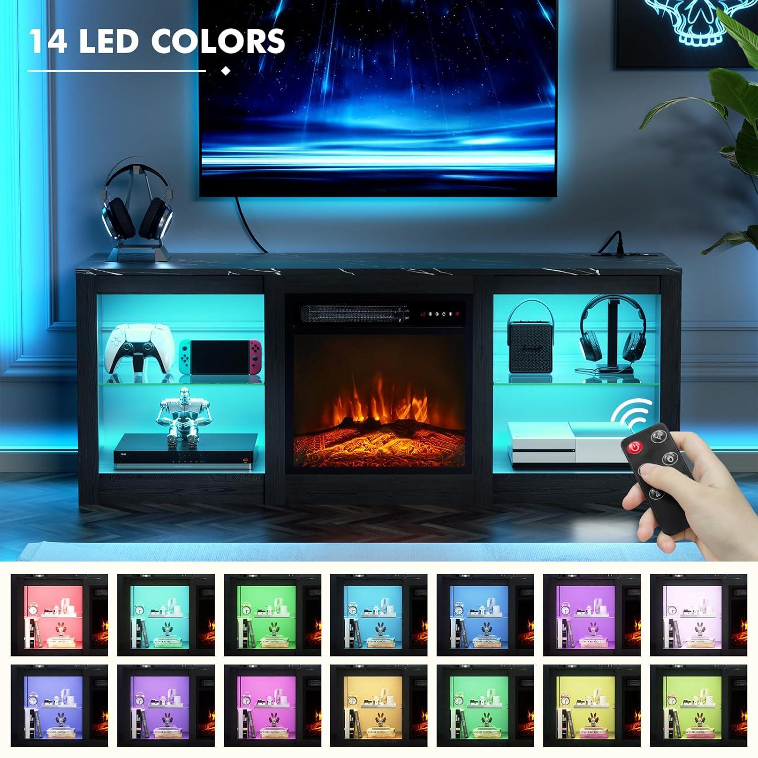 BOSSIN 58" Fireplace TV Stand for 65 inch TV Console with 18'' Electric Fireplace & Remote, Wooden Modern Entertainment Center for Living Room with LED Light Glass Shelves