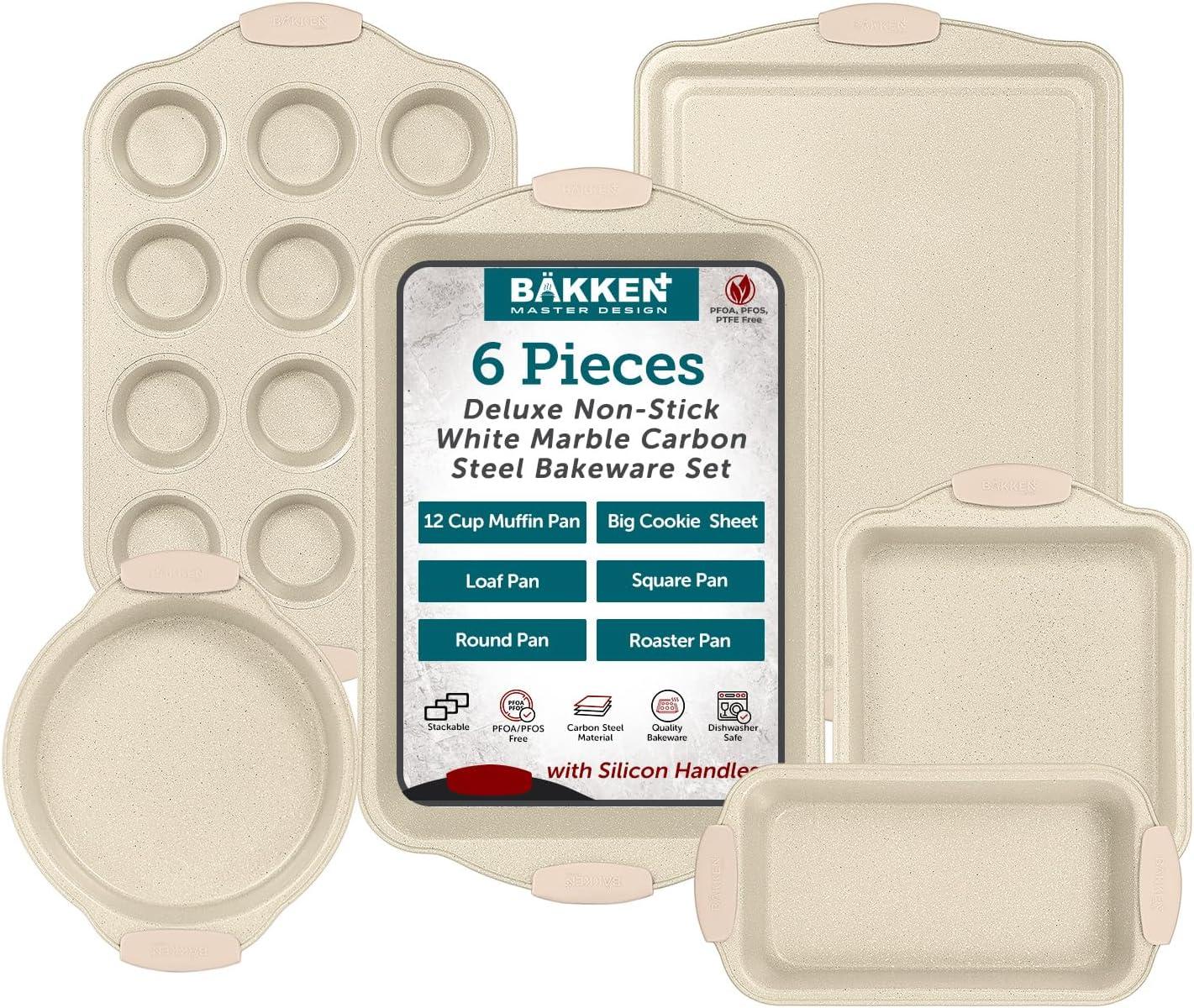 BAKKEN 6-Piece Deluxe Nonstick Baking Pan Set - Professional Grade Carbon Steel Bakeware with White Marble Coating & Silicone Handles