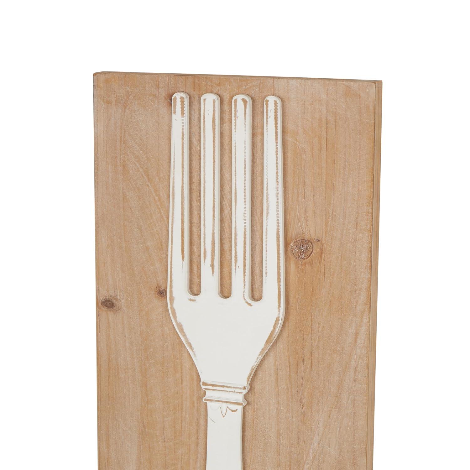 DecMode Brown Wooden Utensils Wall Decor with Carved White Floral Designs (2 Count)