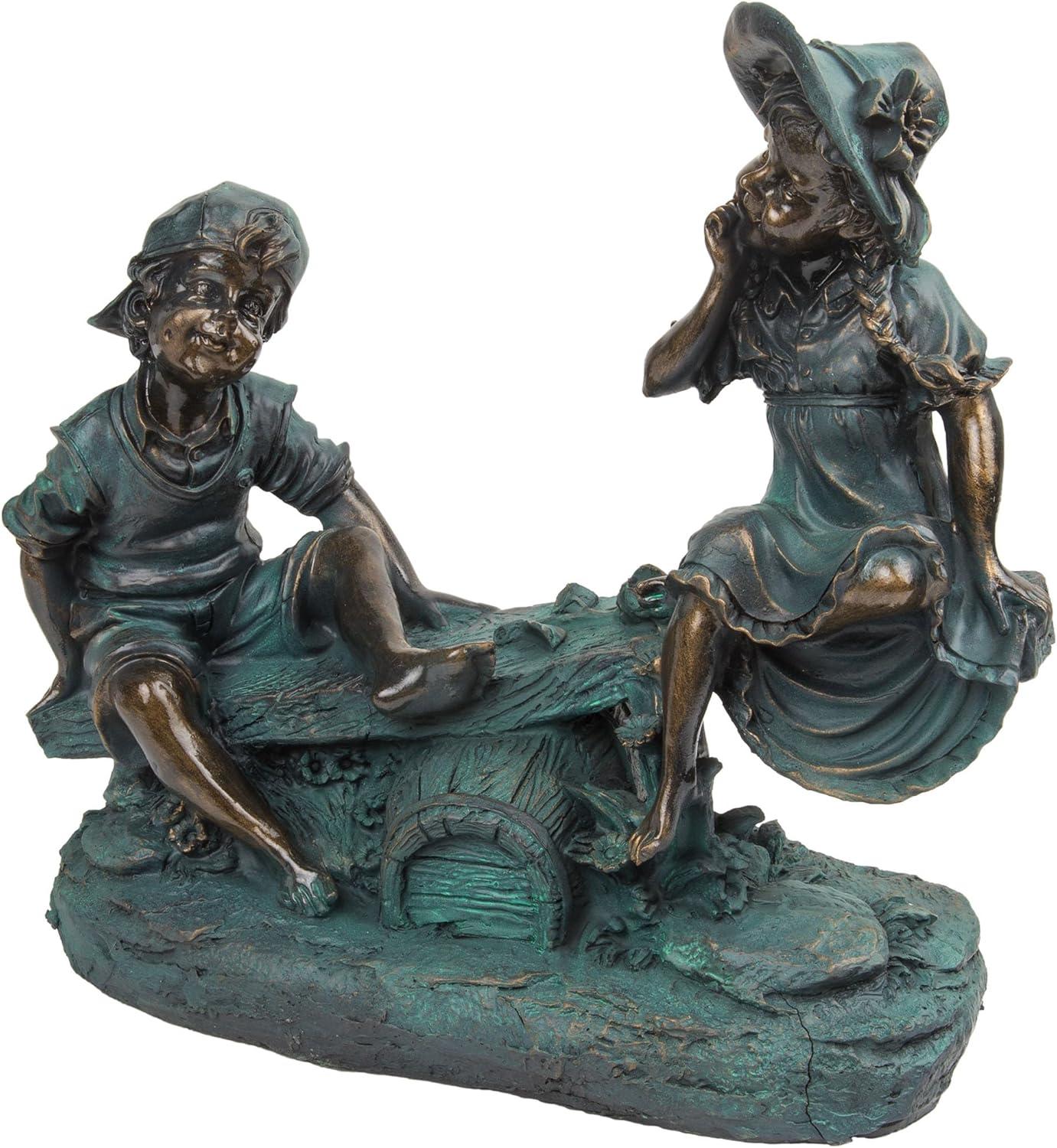 14" Indoor/Outdoor Girl and Boy Playing on Teeter Totter Statue Yard Décor Bronze - Alpine Corporation