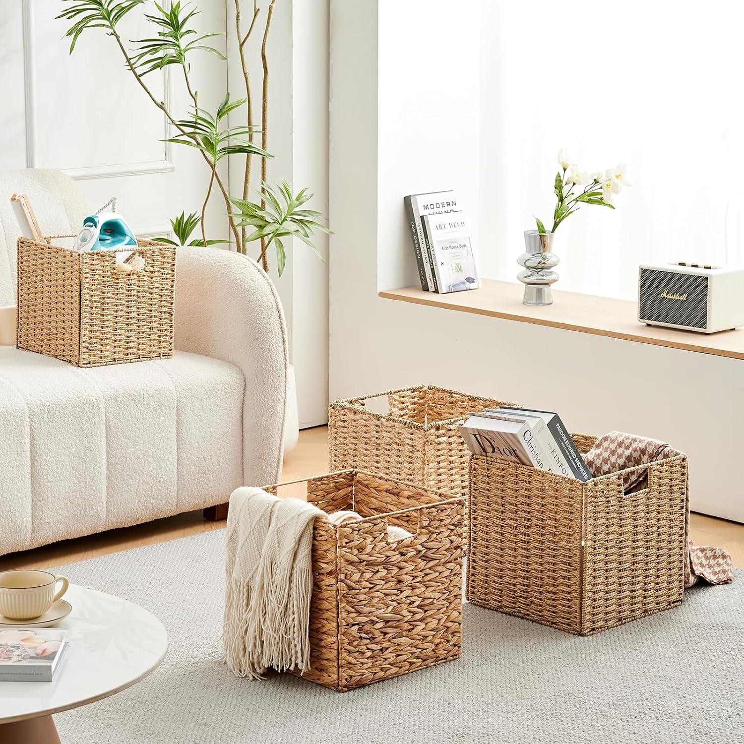 Rectangular Natural Water Hyacinth Hand Woven Rattan Wicker Storage Basket Set with Iron Wire Frame