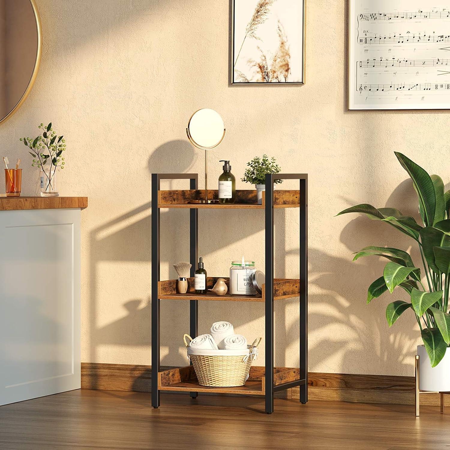 Rolanstar Bookshelf, 4-Tier Storage Rack, Narrow Corner Bookshelf, Display Wooden Shelves for Living Room, Bathroom, Balcony, Kitchen,Rustic Brown