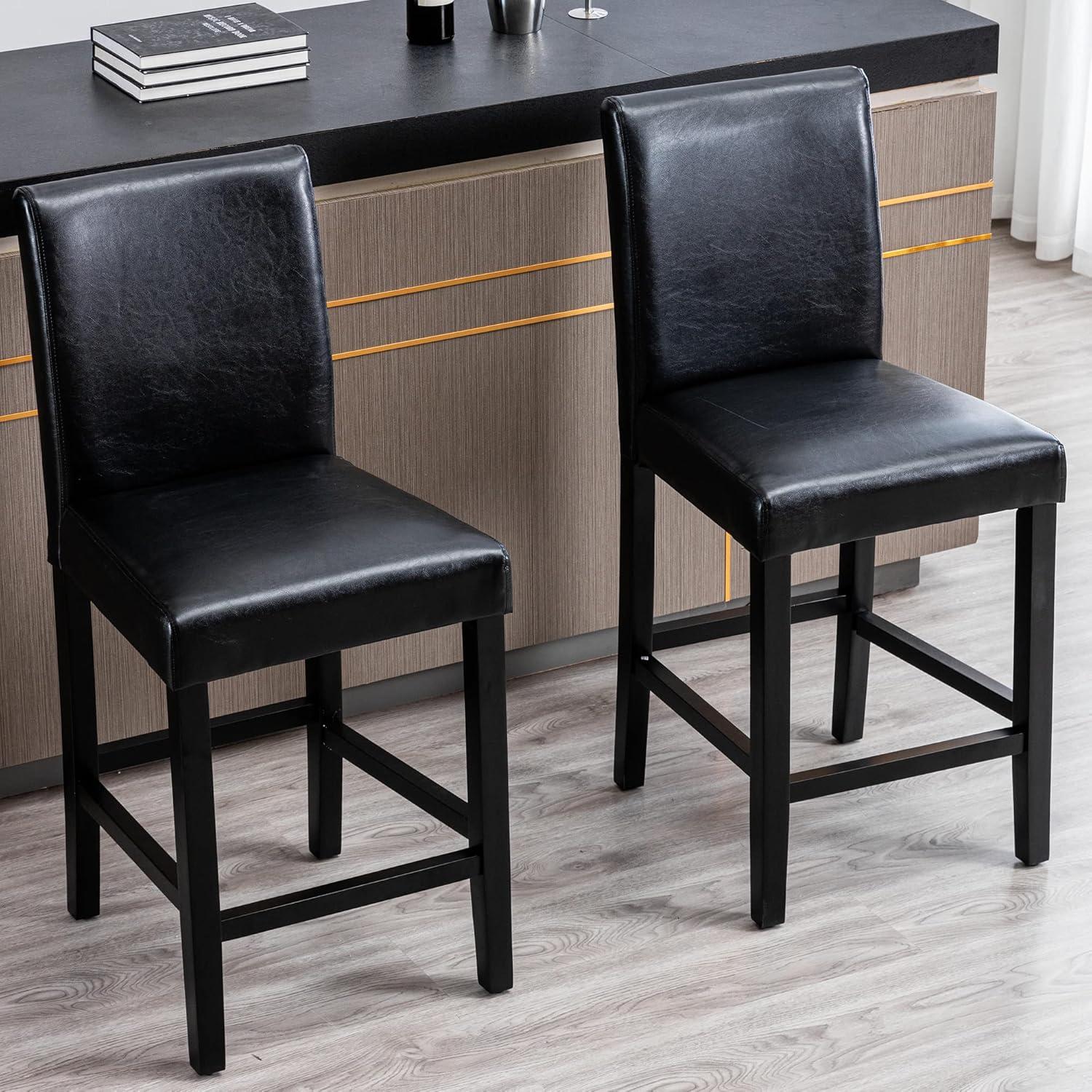 Black Faux Leather and Wood Counter Height Stools, Set of 2