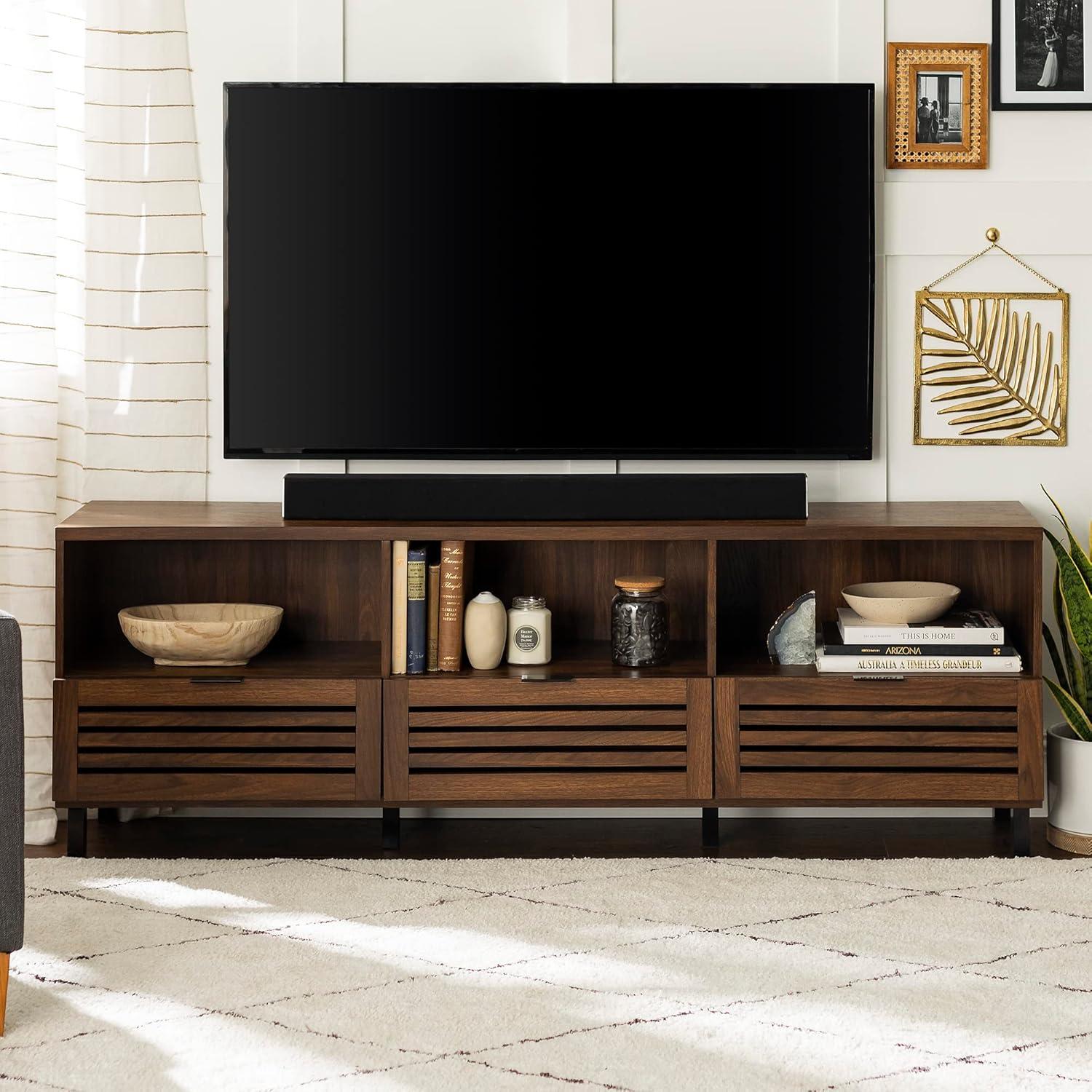 70-Inch Dark Walnut Slatted Wood TV Stand with Cabinets