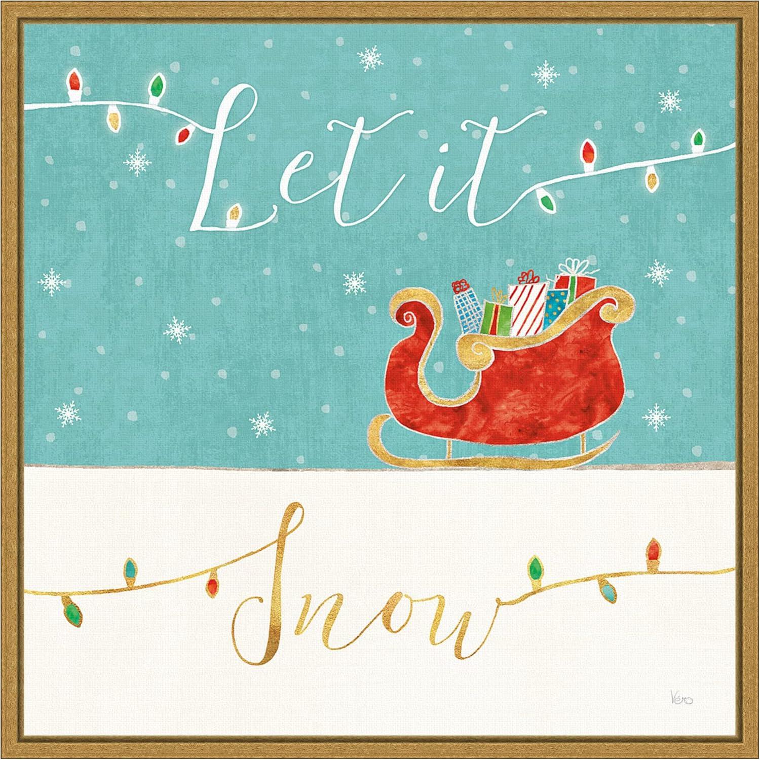 Let It Snow Christmas Sleigh Framed Canvas Print with Gold Frame