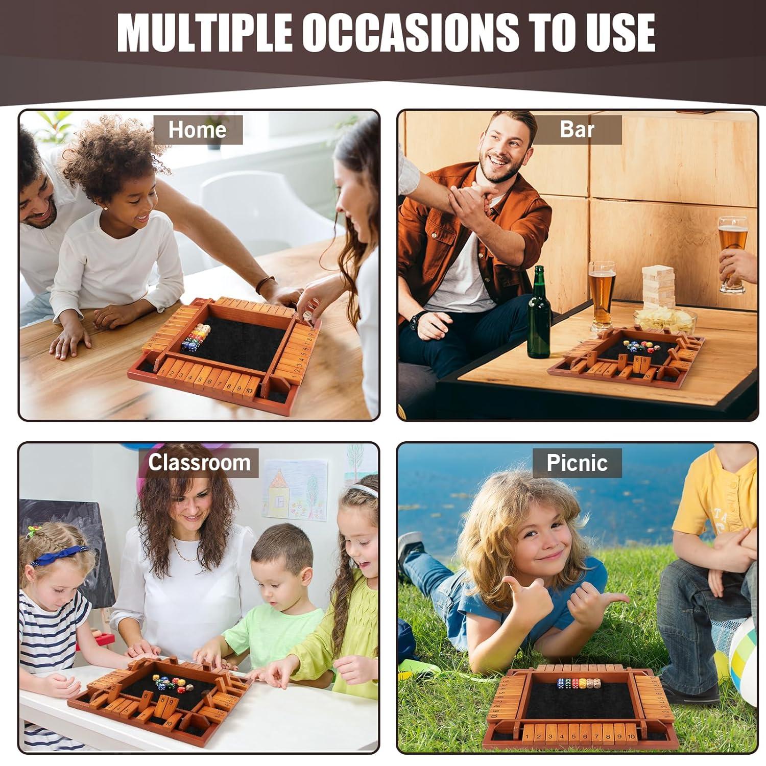 4 Players Shut The Box Dice Games, Wooden Board Table Math Game with 12 Dice and Instructions, Classics Close The Box Board Game for Adults Kids, Family Classroom Home or Bar