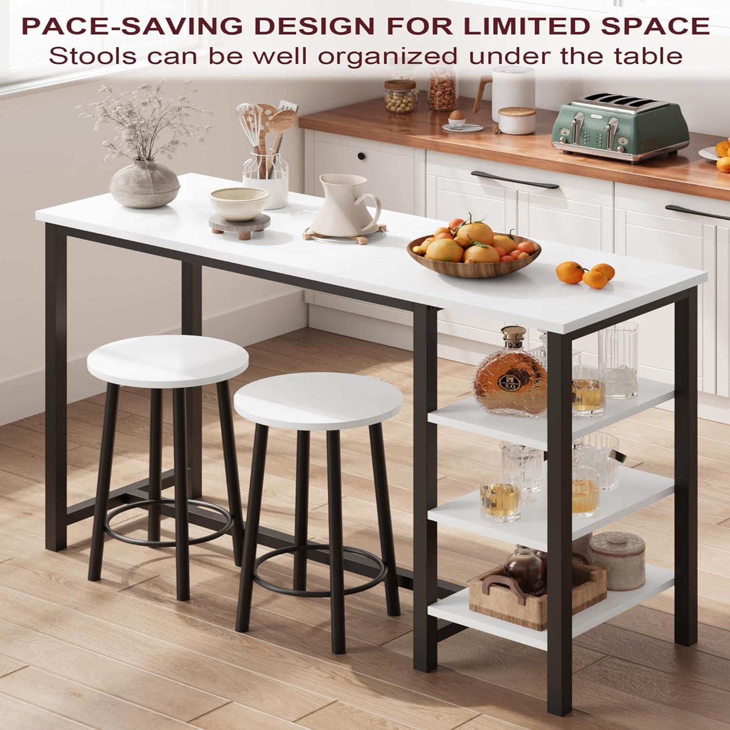 Bar Table with 2 stools, Counter Height Table with 3 Storage Shelves, 3 Piece Dining Table Set for Small Space, Apartment, Kitchen, White&Black