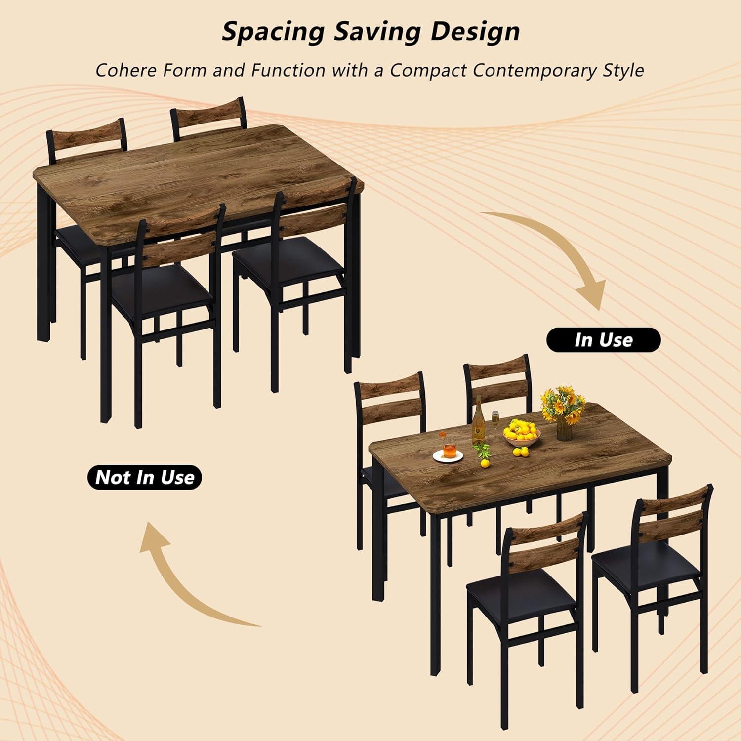 Dining Table Set for 4, 43.3" Dining Room Table with 4 Upholstered PU Leather Chairs, Modern Wood Kitchen Table and Chairs Set, 5-Piece Dinette Set for Breakfast Nook, Small Places, Brown