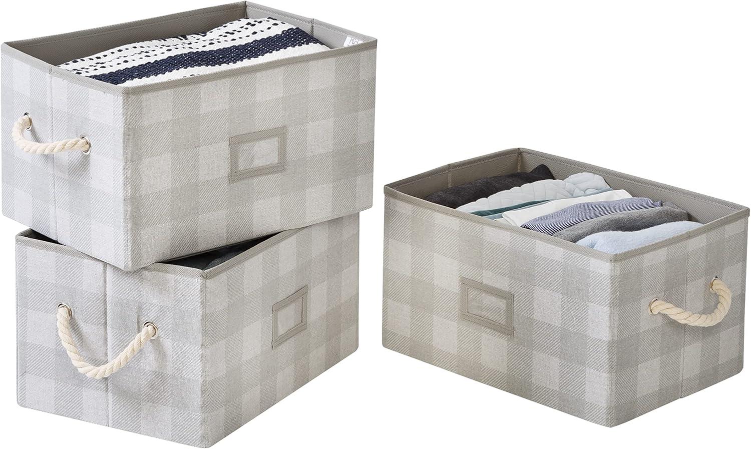 Gray Plaid Large Fabric Storage Bins with Rope Handles, Set of 3