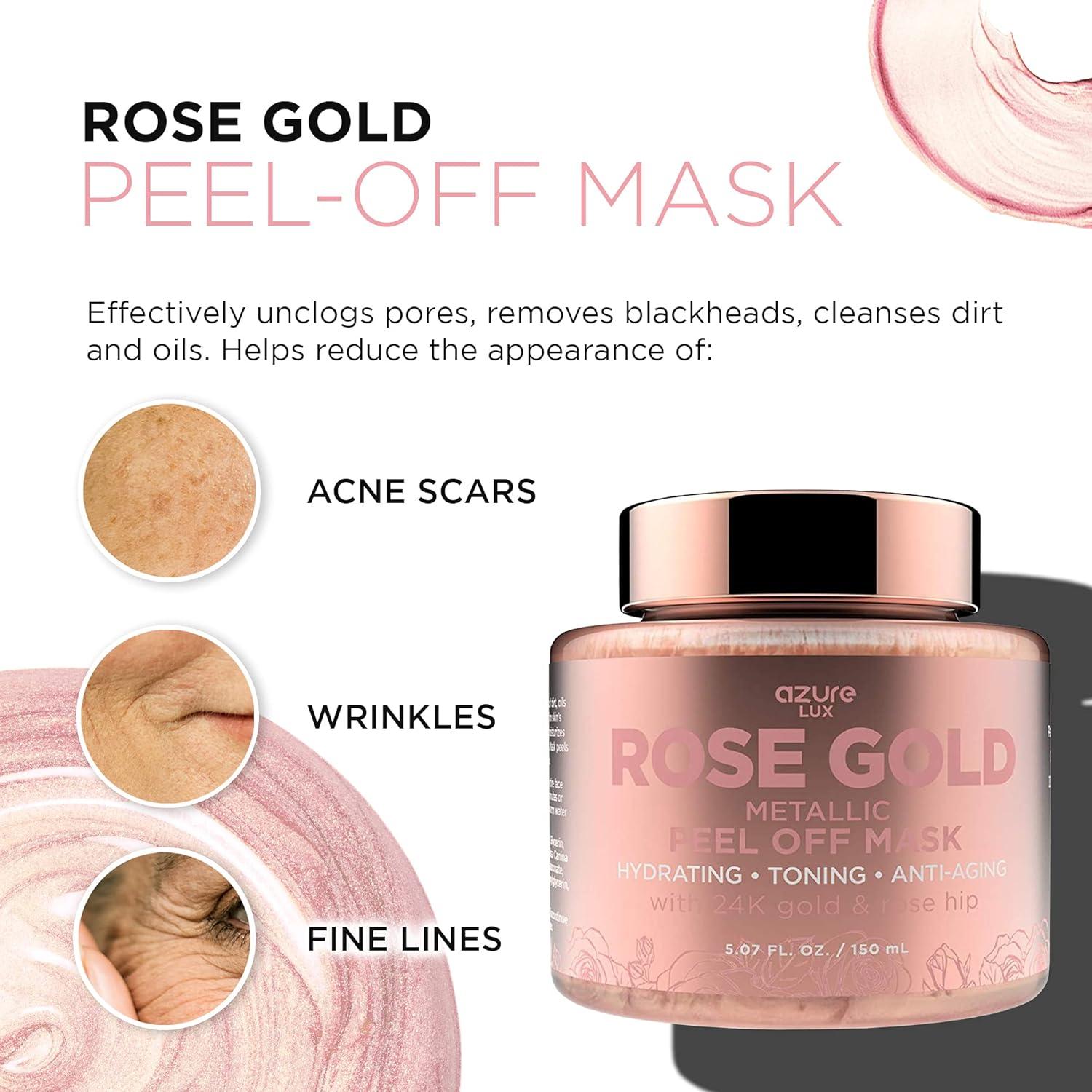 AZURE Rose Gold Metallic Sparkling Peel Off Moisturizing Face Mask - Deeply Exfoliates Blackheads & Dirt and Oil | Reduces Wrinkles, Fine Lines & Acne Scars | Repairs Uneven Skin Tone - 150mL