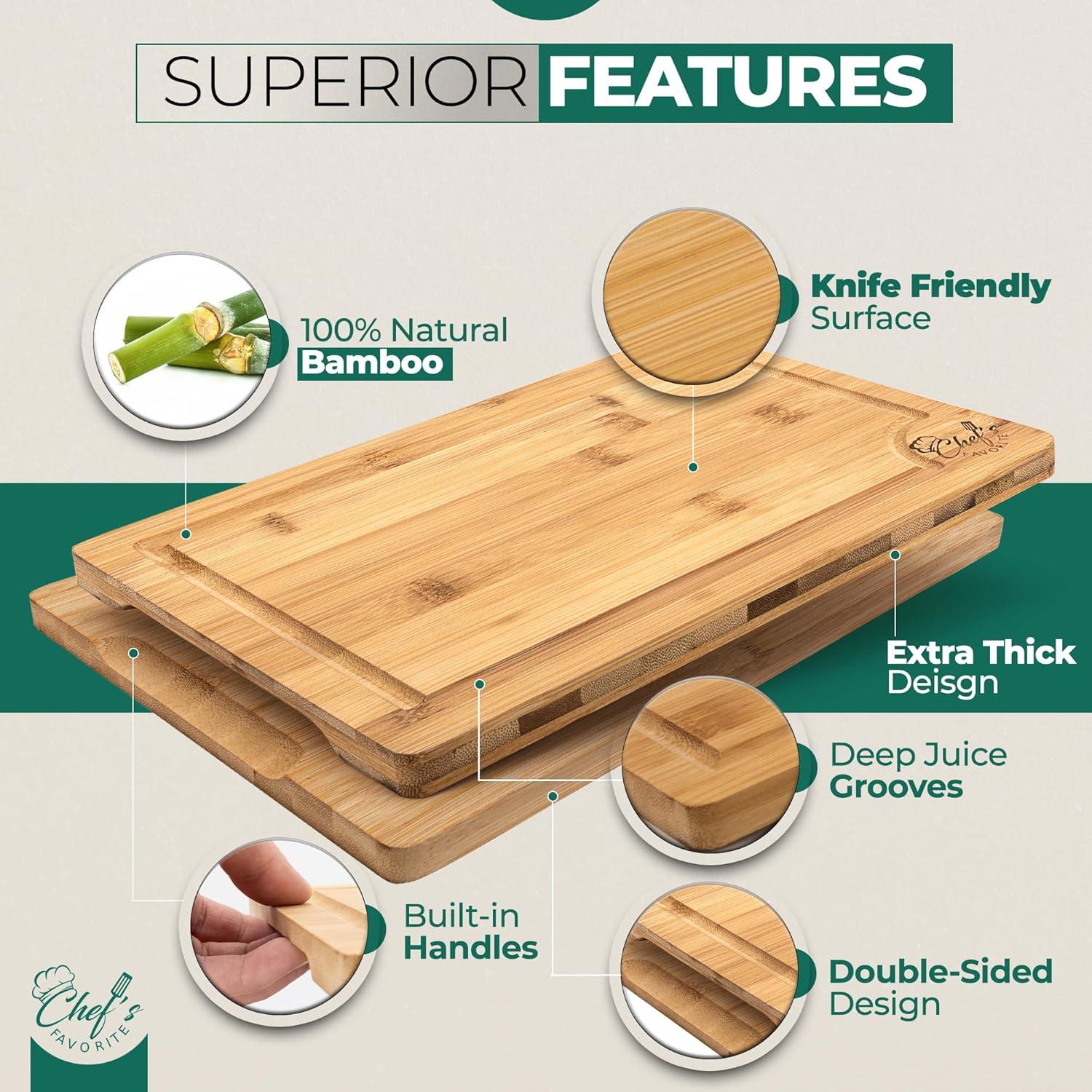 Bamboo Cutting Boards for Kitchen [Set of 3] Wood Cutting Board for Chopping Meat, Vegetables, Fruits, Cheese, Knife Friendly Serving Tray with Handles