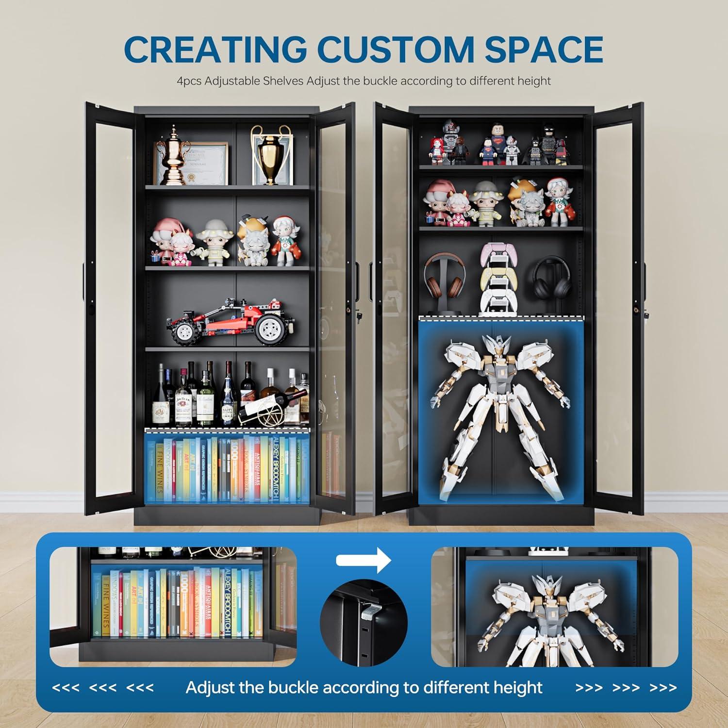 Display Cabinet With Glass Doors, Curio Cabinets With 4 Adjustable Shelves, Locking Glass Cabinet Display Case For Home, Office, Clinic, Pantry, Assemble Required