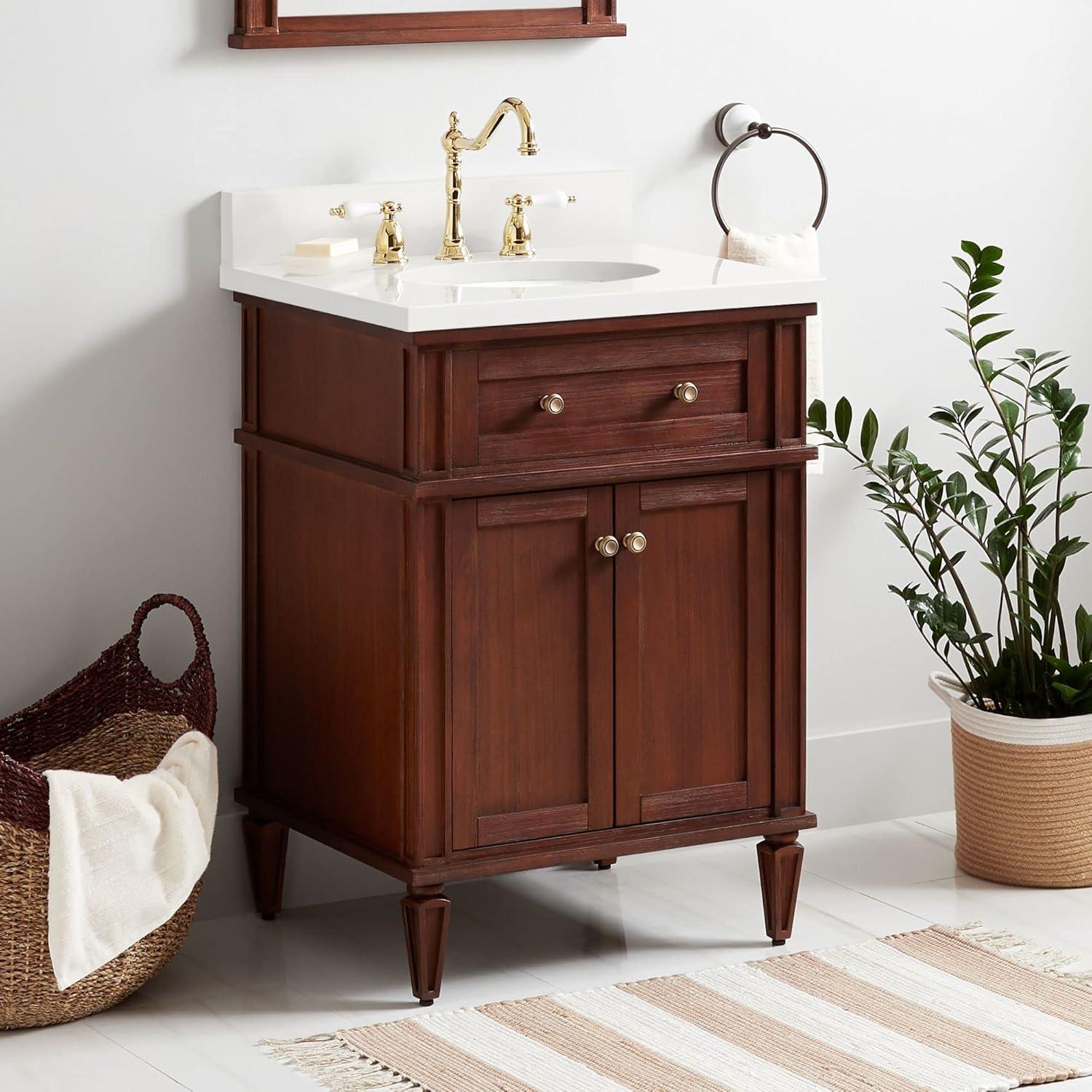 24" Antique Brown Mahogany Freestanding Bathroom Vanity with Quartz Top