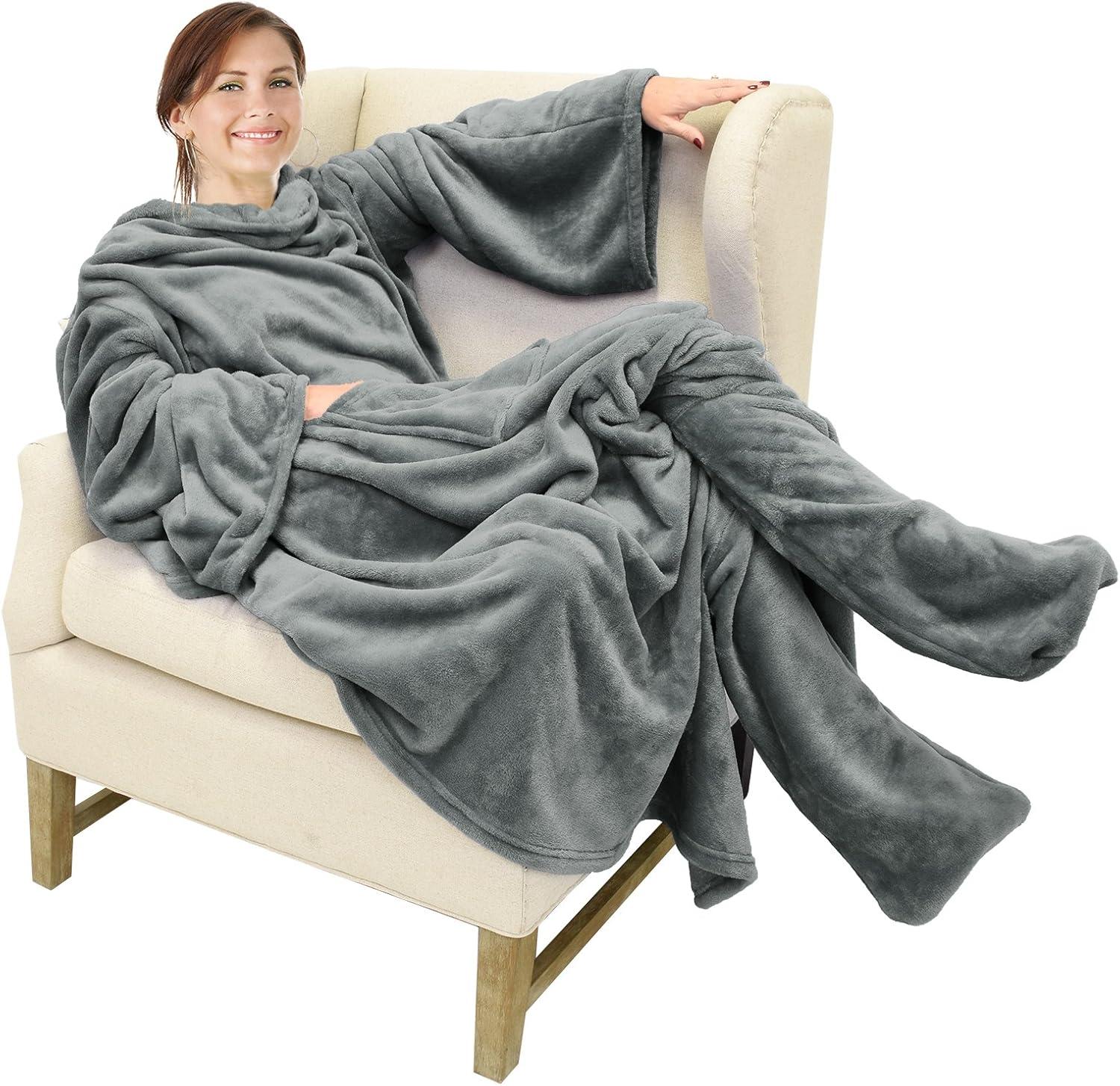 Catalonia Fleece Wearable Blanket with Sleeves and Foot Pockets, Micro Plush Wrap Sleeved Throw Blanket Robe