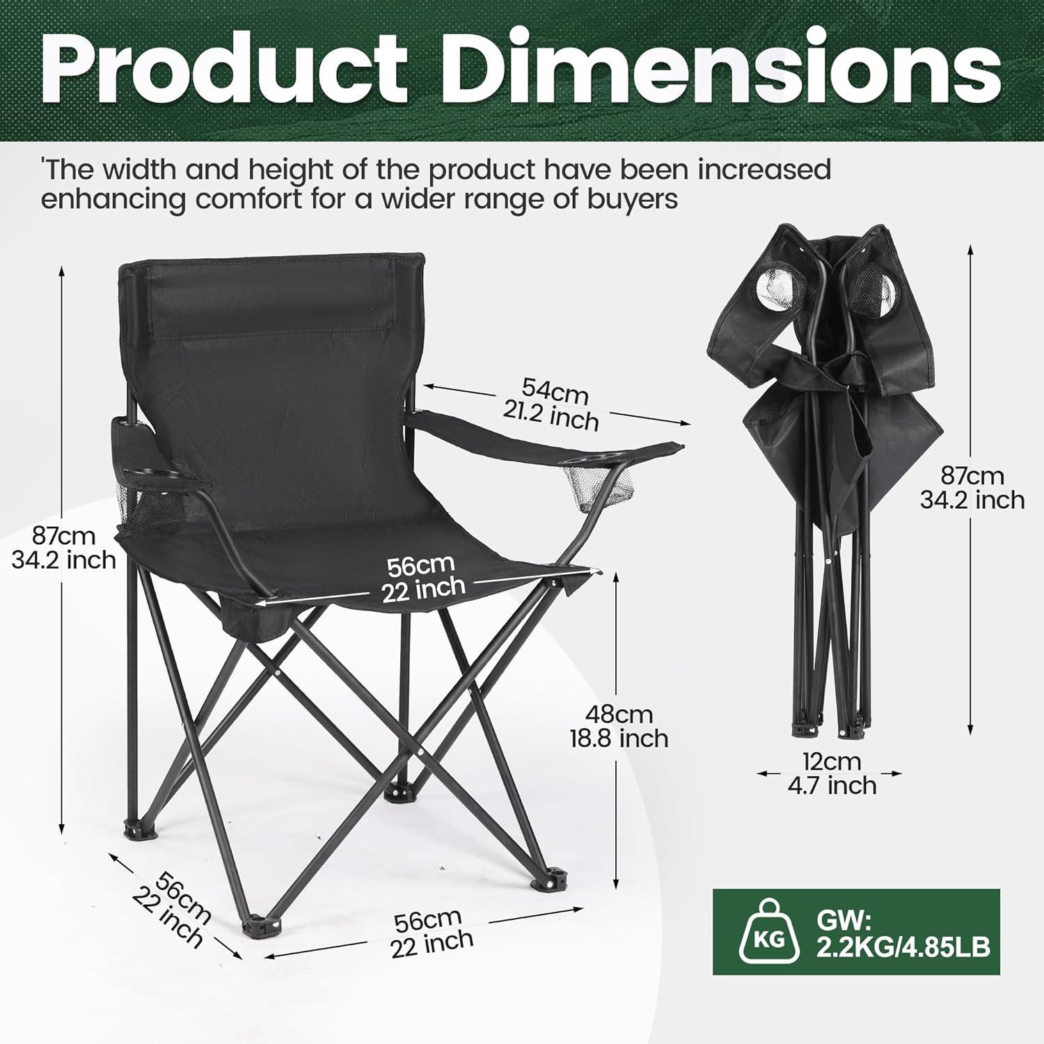 2 Pack Lightweight Camping Chairs for Adults & Teens, 250LBS Capacity Foldable Portable Chairs with Carry Bag, Compact Design for Camping, Beach, Picnics, and Outdoor Events