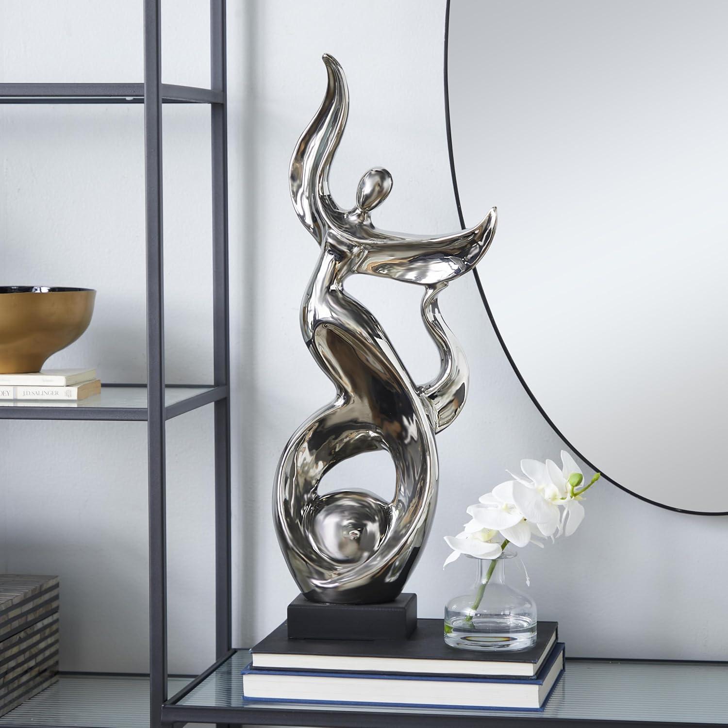 Silver Abstract Ceramic Dancer Statue with Black Base